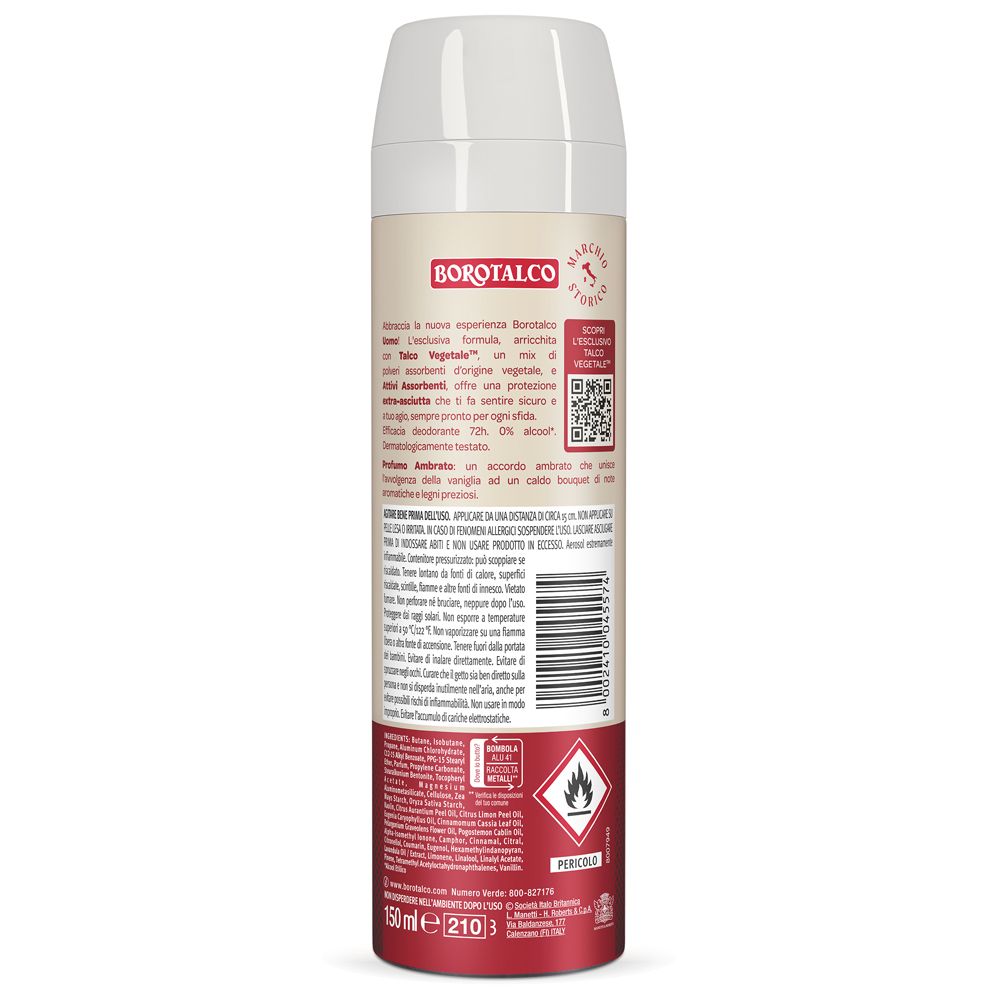 Retro dello spray Borotalco Uomo Asciutto. Testo e codice a barre. Contiene informazioni e avvertenze.