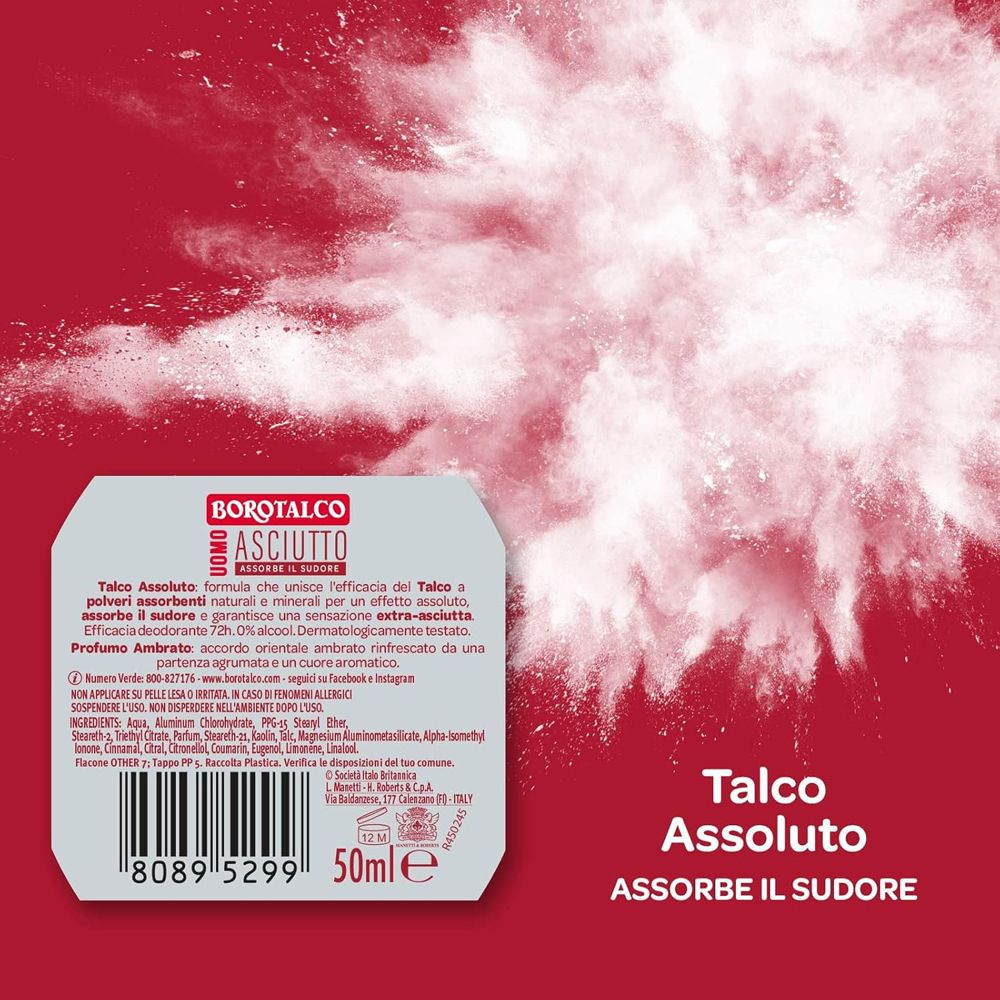 Informazioni sul prodotto su sfondo rosso. Testo: Talco Assoluto, assorbe il sudore. 50ml. Borotalco Uomo Asciutto.