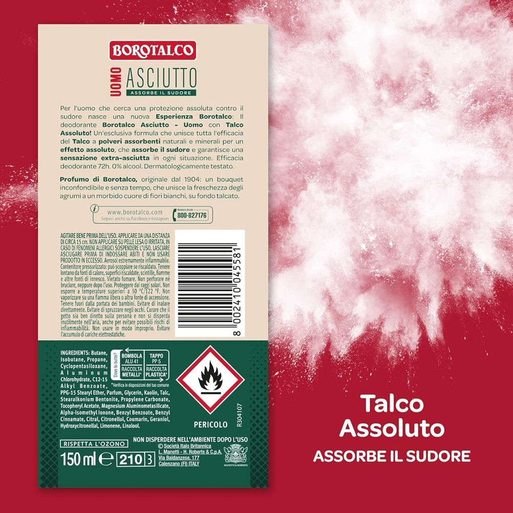 Retro dello spray Borotalco Uomo. Testo, ingredienti, avvertenze, simbolo di pericolo, Talco Assoluto.