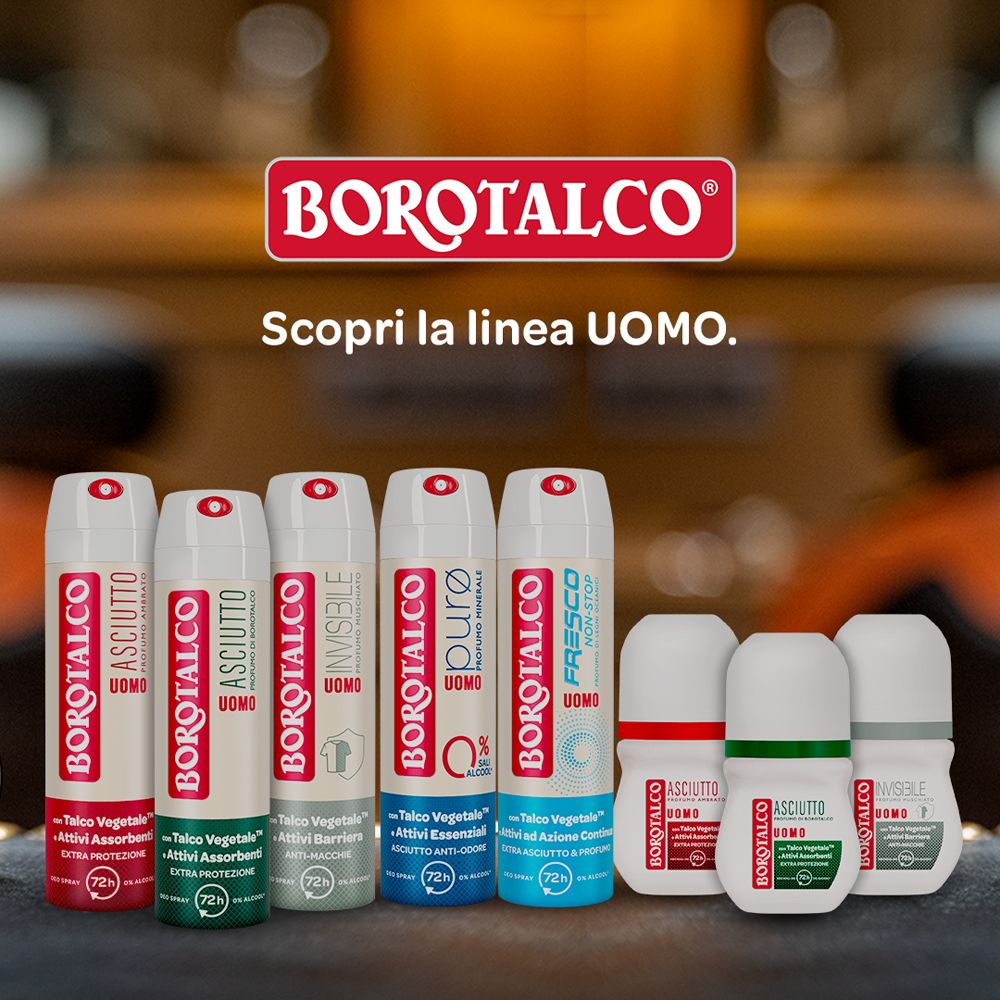 Gamma di prodotti Borotalco Uomo. Diversi spray e roll-on deodoranti. Etichette rosse e verdi.