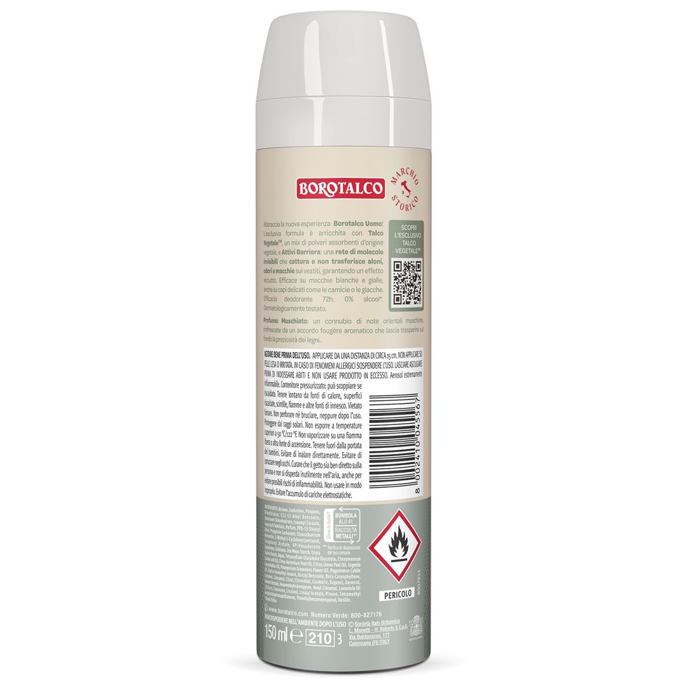 Retro dello spray deodorante. Testo: Borotalco, ingredienti, avvertenze, codice QR, simbolo di pericolo, 150ml.
