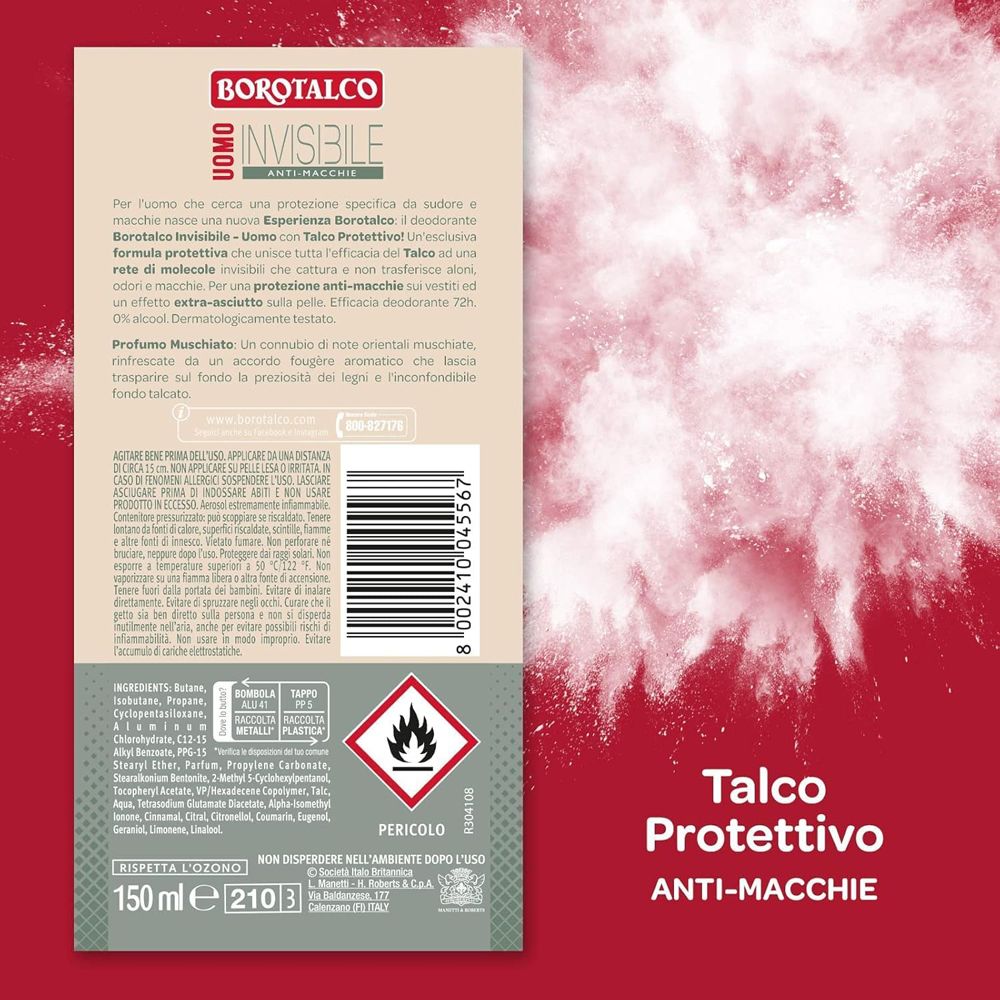 Testo su sfondo rosso. Testo: Borotalco Uomo Invisibile, anti-macchie, ingredienti, simbolo di pericolo, 150ml.