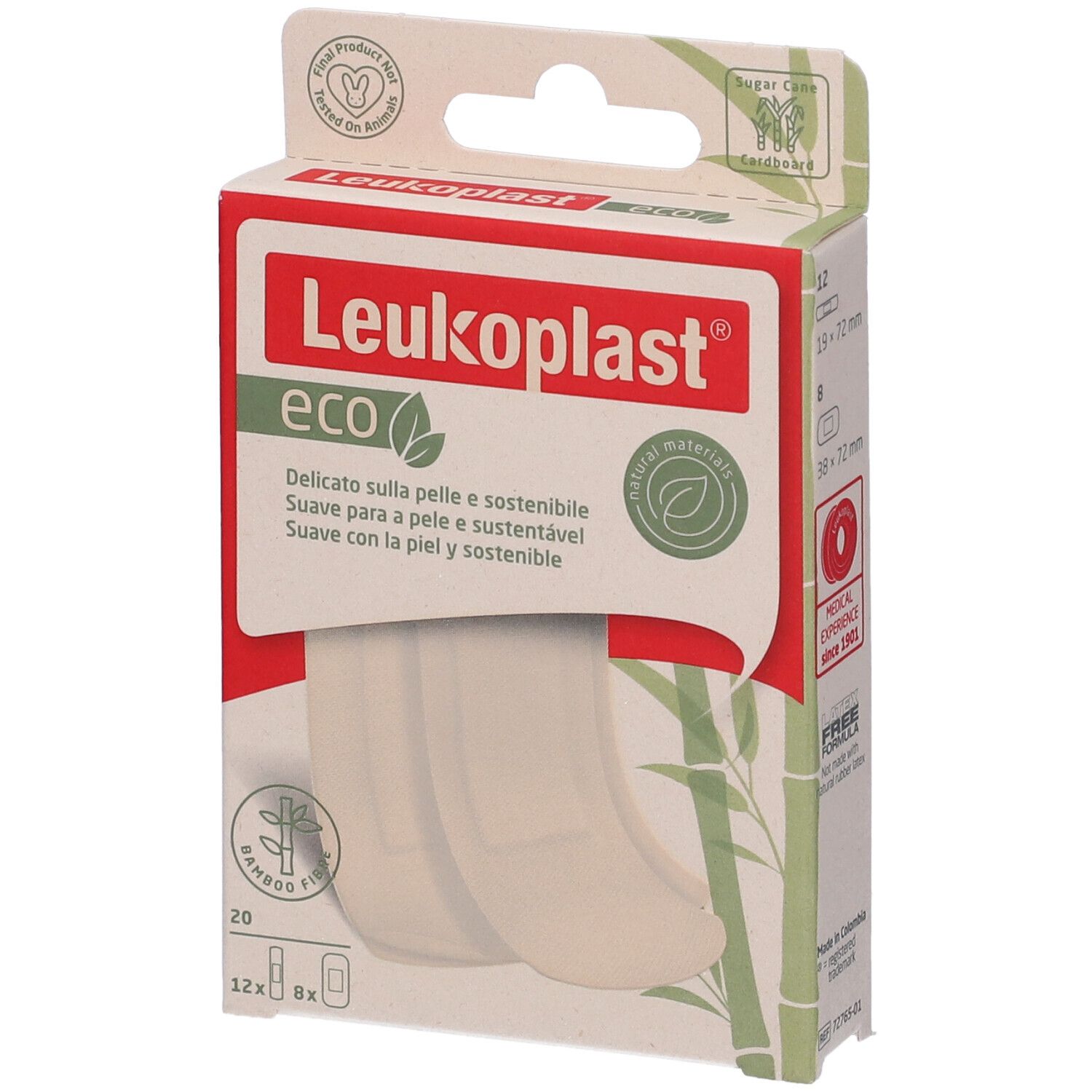 Scatola di cerotti Leukoplast eco. 20 pezzi. Fibra di bambù. Sostenibile.