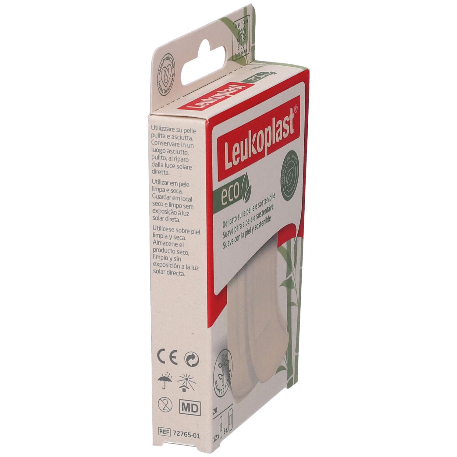 Scatola di cerotti Leukoplast eco. Lato con testo e simboli. Sostenibile.