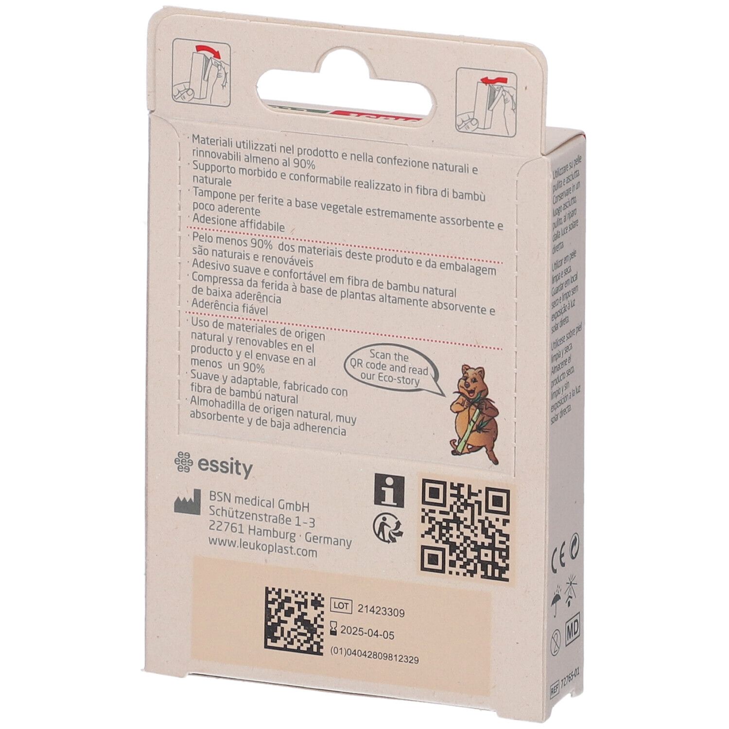 Retro della confezione di cerotti. Testo e codice QR. Sostenibile. Marca Leukoplast.