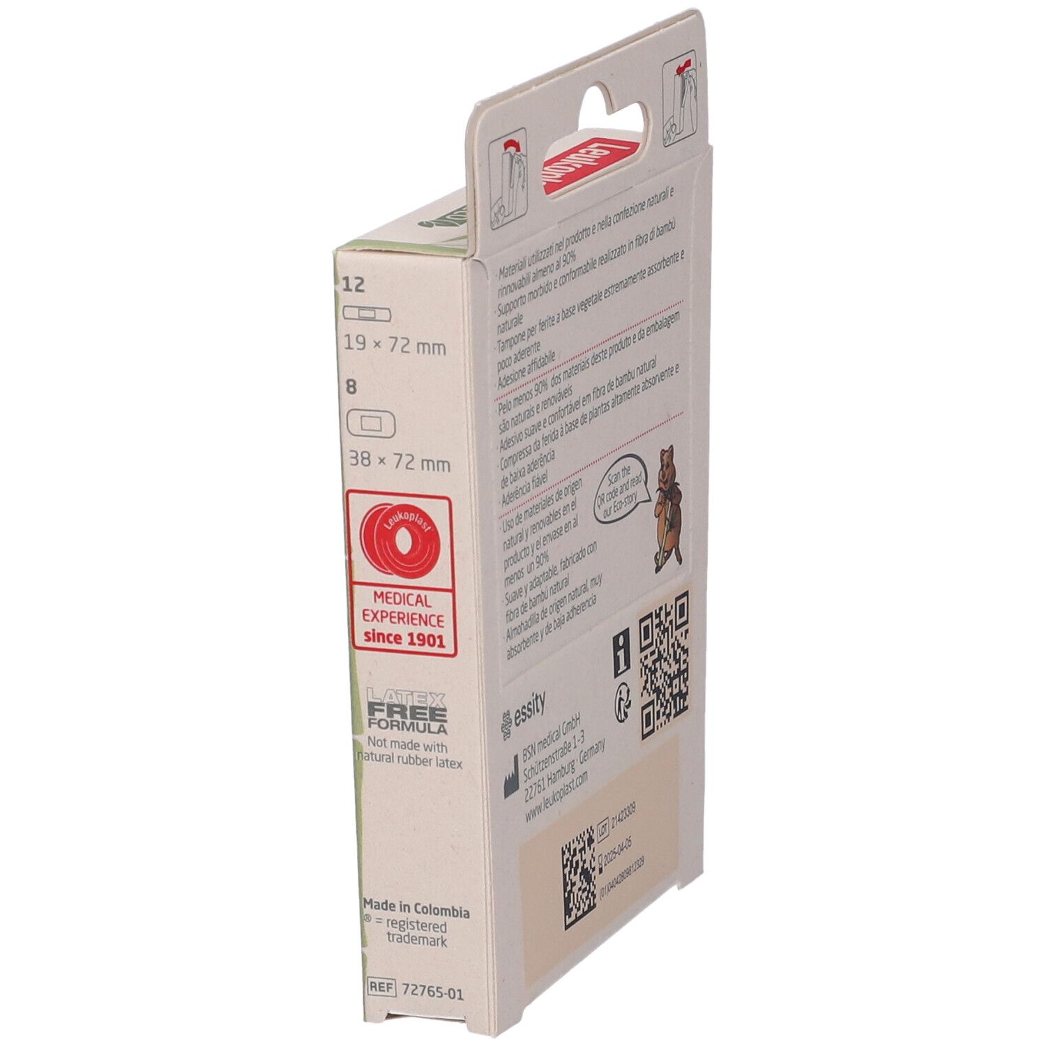 Lato della confezione di cerotti. Testo e simboli. Marca Leukoplast. Sostenibile.
