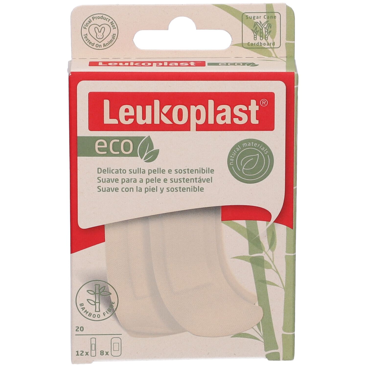 Scatola di cerotti Leukoplast eco. 20 pezzi. Fibra di bambù. Sostenibile.
