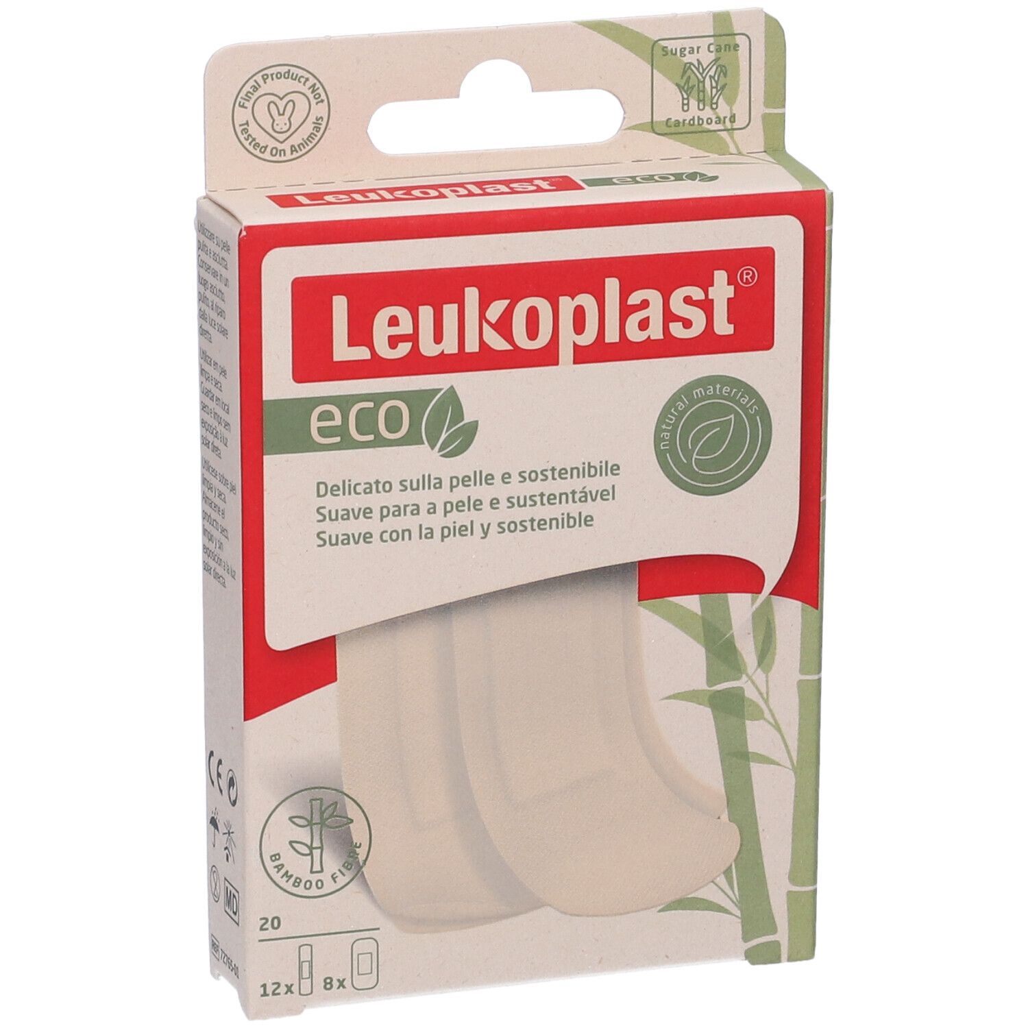 Scatola di cerotti Leukoplast eco. 20 pezzi. Fibra di bambù. Sostenibile.