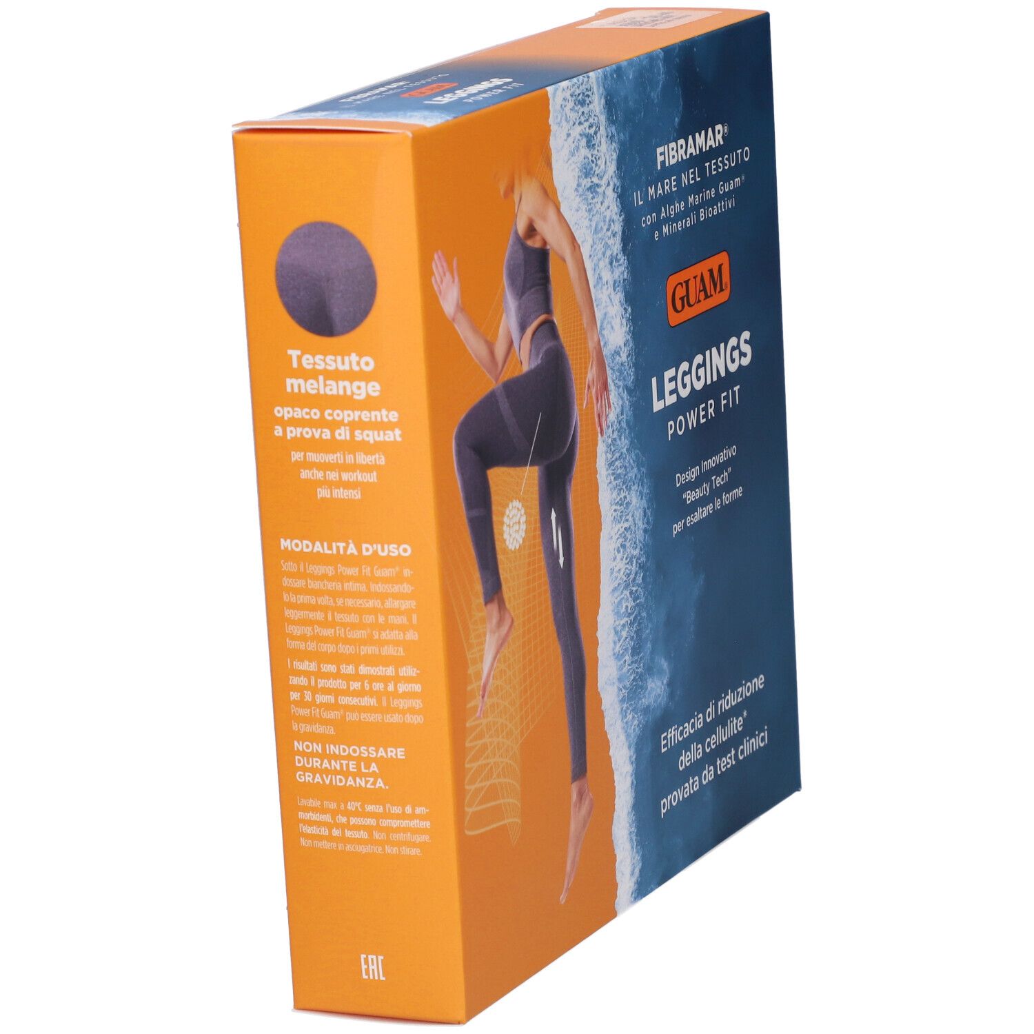 Scatola Guam Leggings Power Fit. Vista laterale. Arancione e blu. Testo: Fibramar, Guam, Leggings Power Fit. Donna in abbigliamento sportivo grigio.