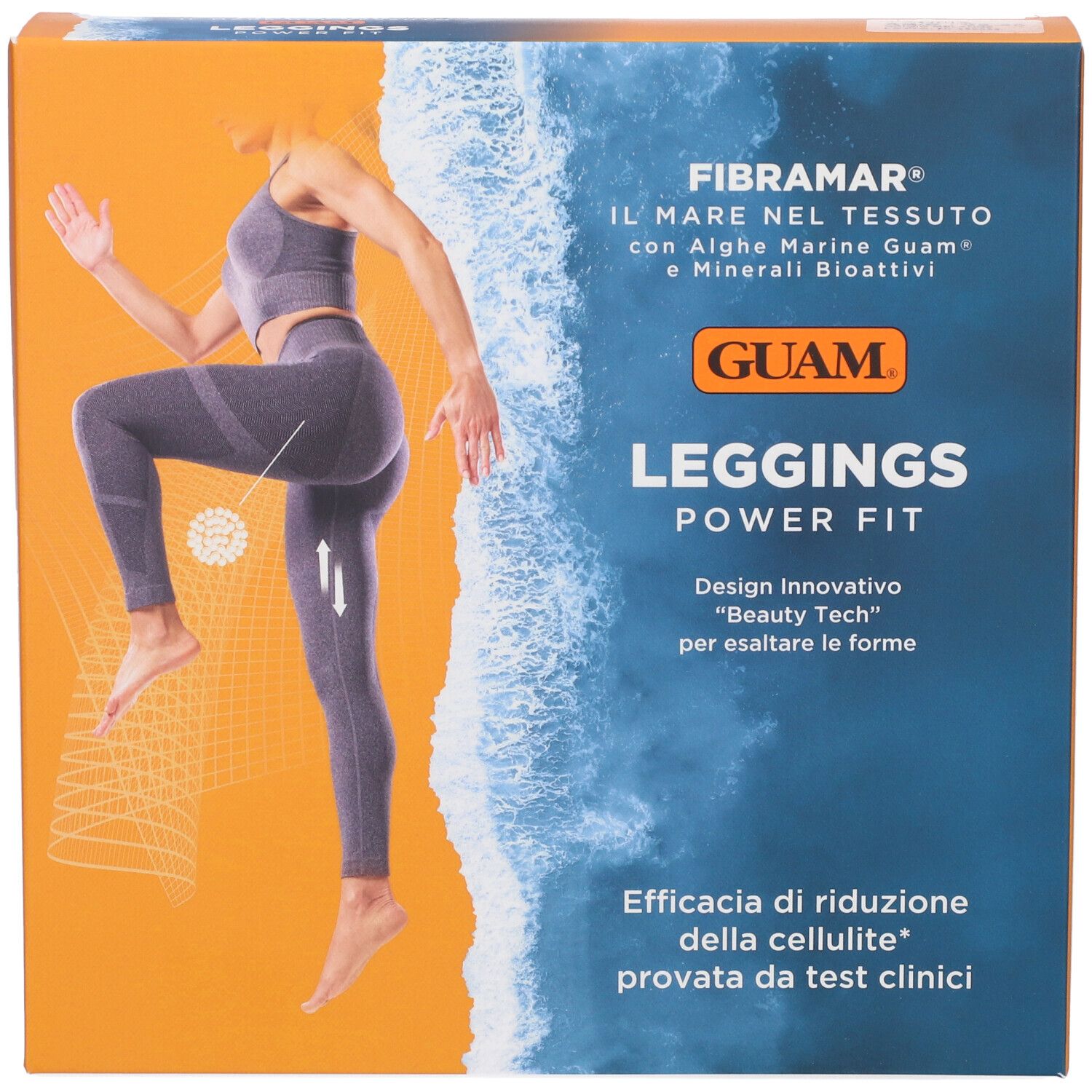 Scatola Guam Leggings Power Fit. Donna in abbigliamento sportivo grigio. Testo: Fibramar, Guam, Leggings Power Fit. Arancione e blu.