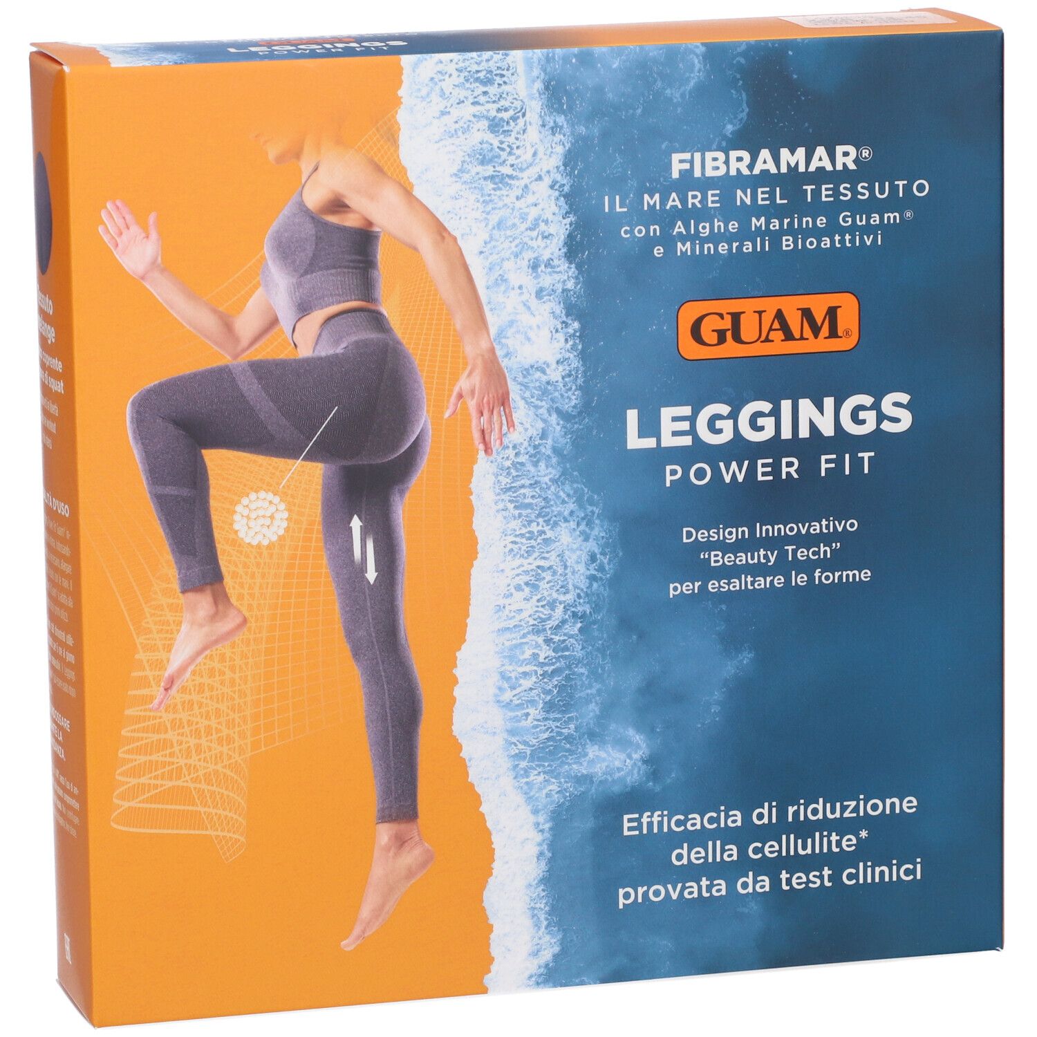 Scatola Guam Leggings Power Fit. Donna in abbigliamento sportivo grigio. Testo: Fibramar, Guam, Leggings Power Fit. Arancione e blu.
