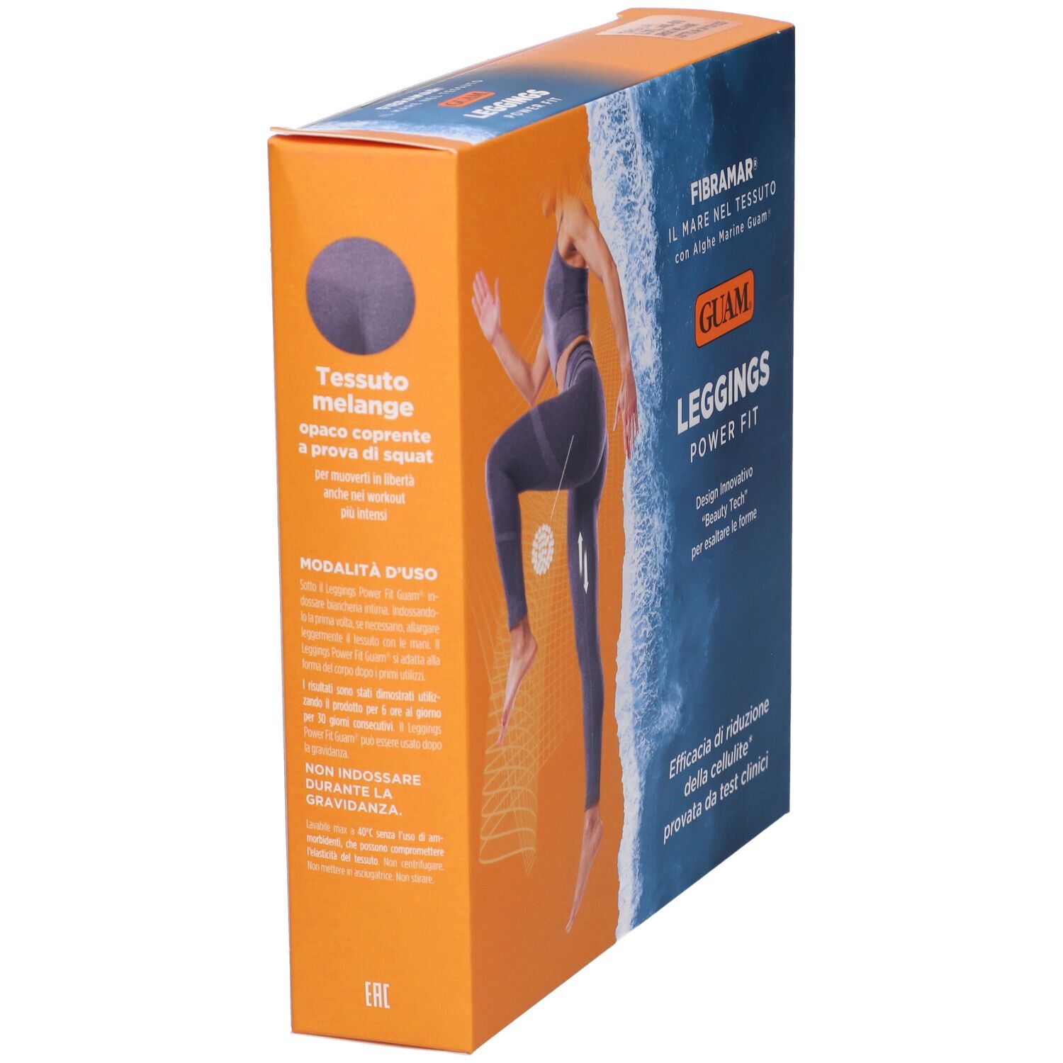 Vista laterale della confezione. Scritte: Guam Leggings Power Fit. Testo: Fibramar, alghe. Istruzioni per l'uso.