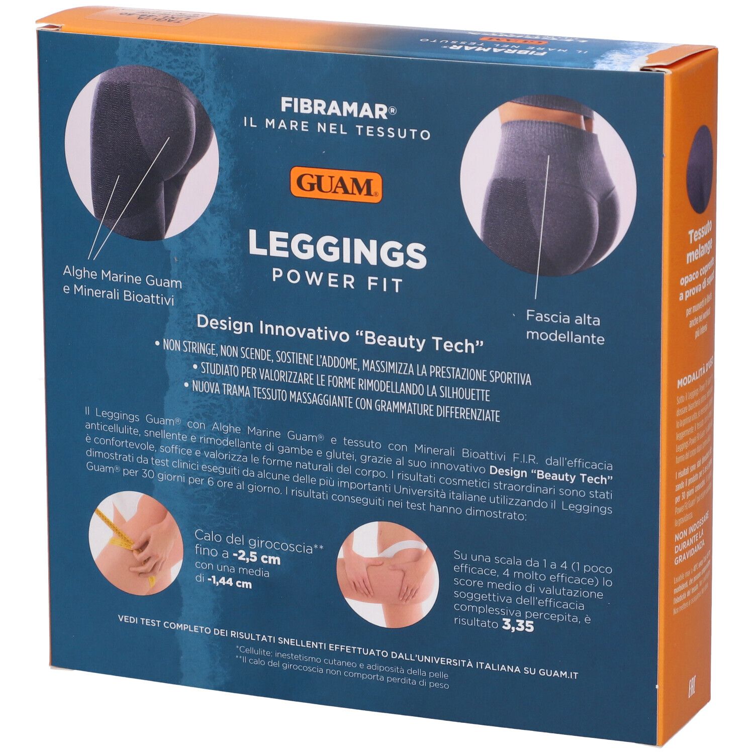 Retro confezione. Scritte: Guam Leggings Power Fit. Testo: Fibramar, alghe. Illustrazioni: glutei, cosce.