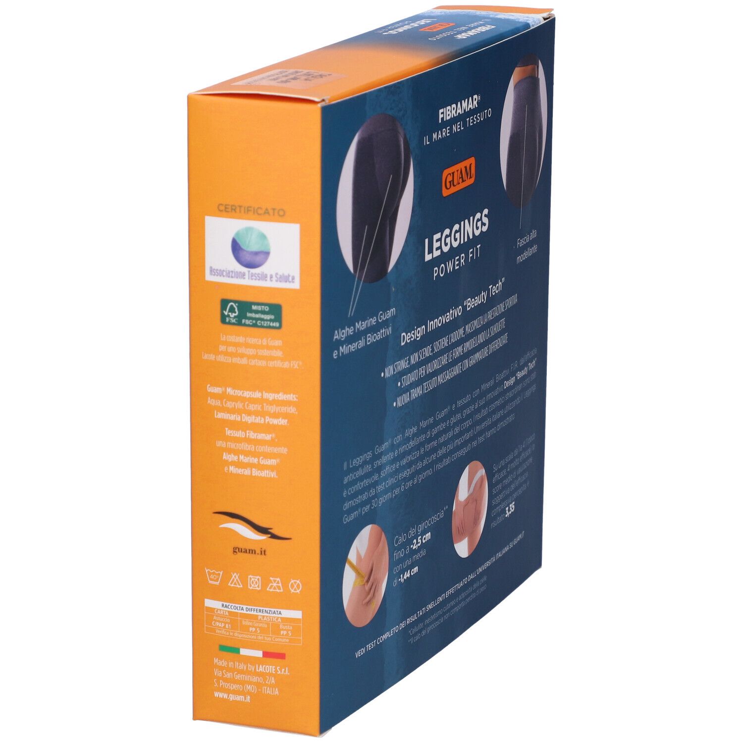 Vista laterale confezione. Scritte: Guam Leggings Power Fit. Testo: Fibramar, alghe. Certificazioni.