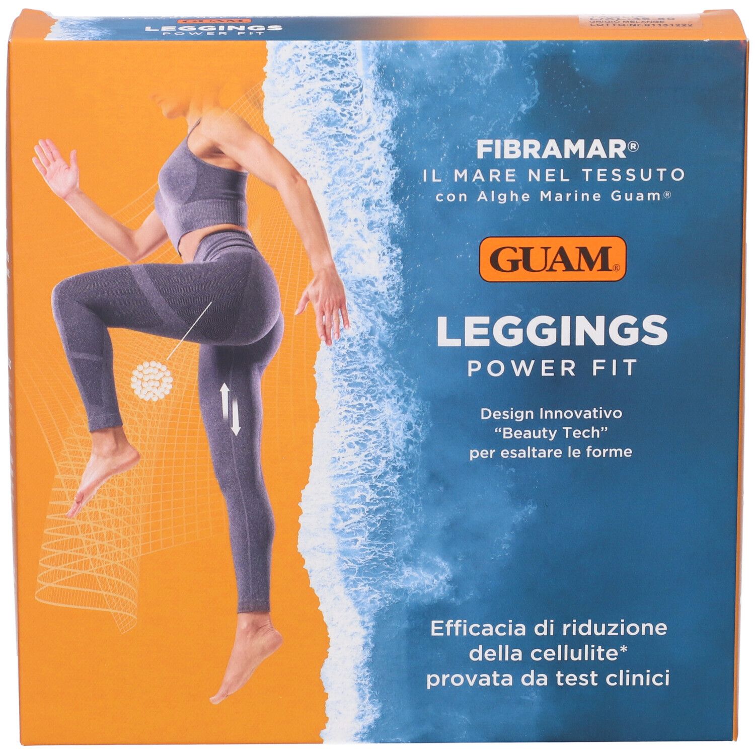 Confezione Leggings Guam Power Fit. Immagine donna in leggings. Scritte: Fibramar, alghe marine. Efficacia anticellulite.