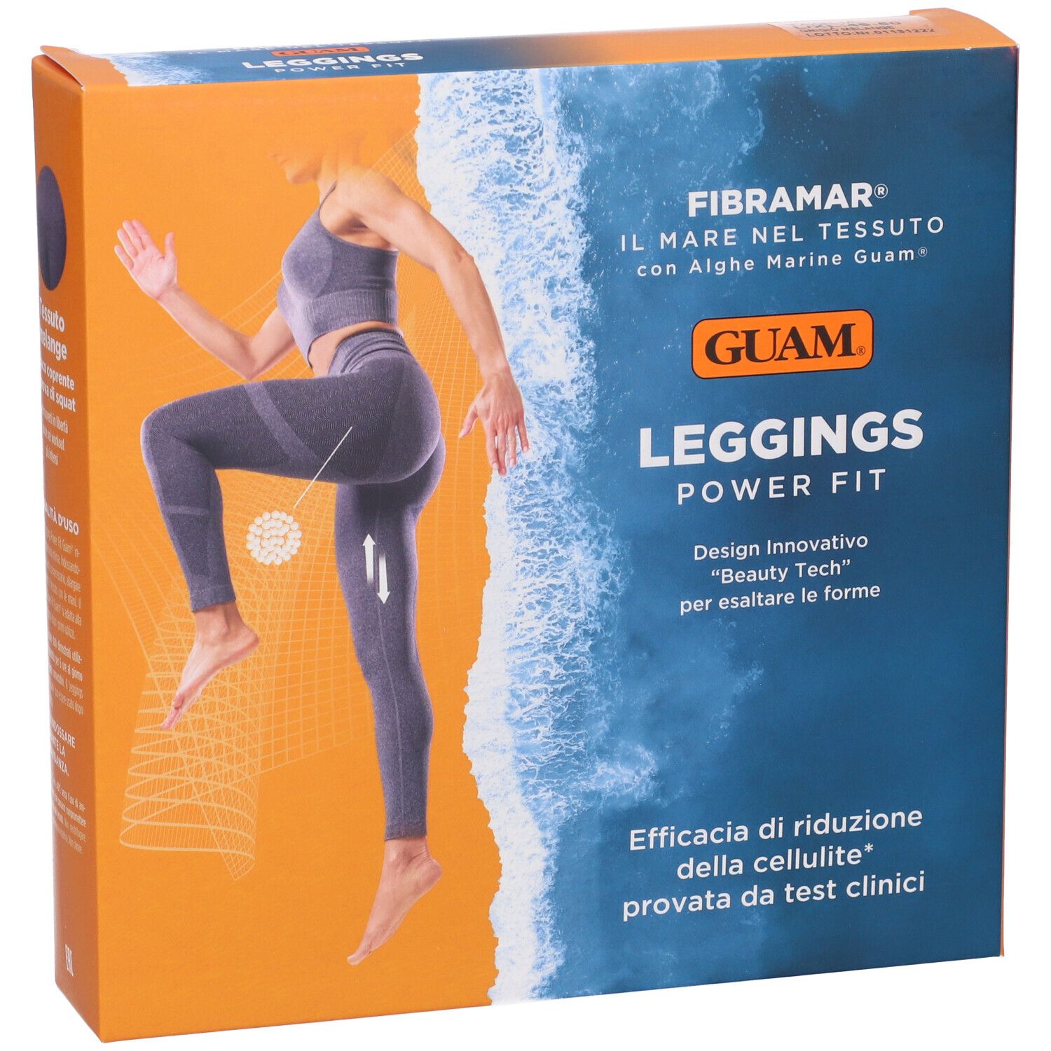 Confezione Leggings Guam Power Fit. Immagine donna in leggings. Scritte: Fibramar, alghe marine. Efficacia anticellulite.