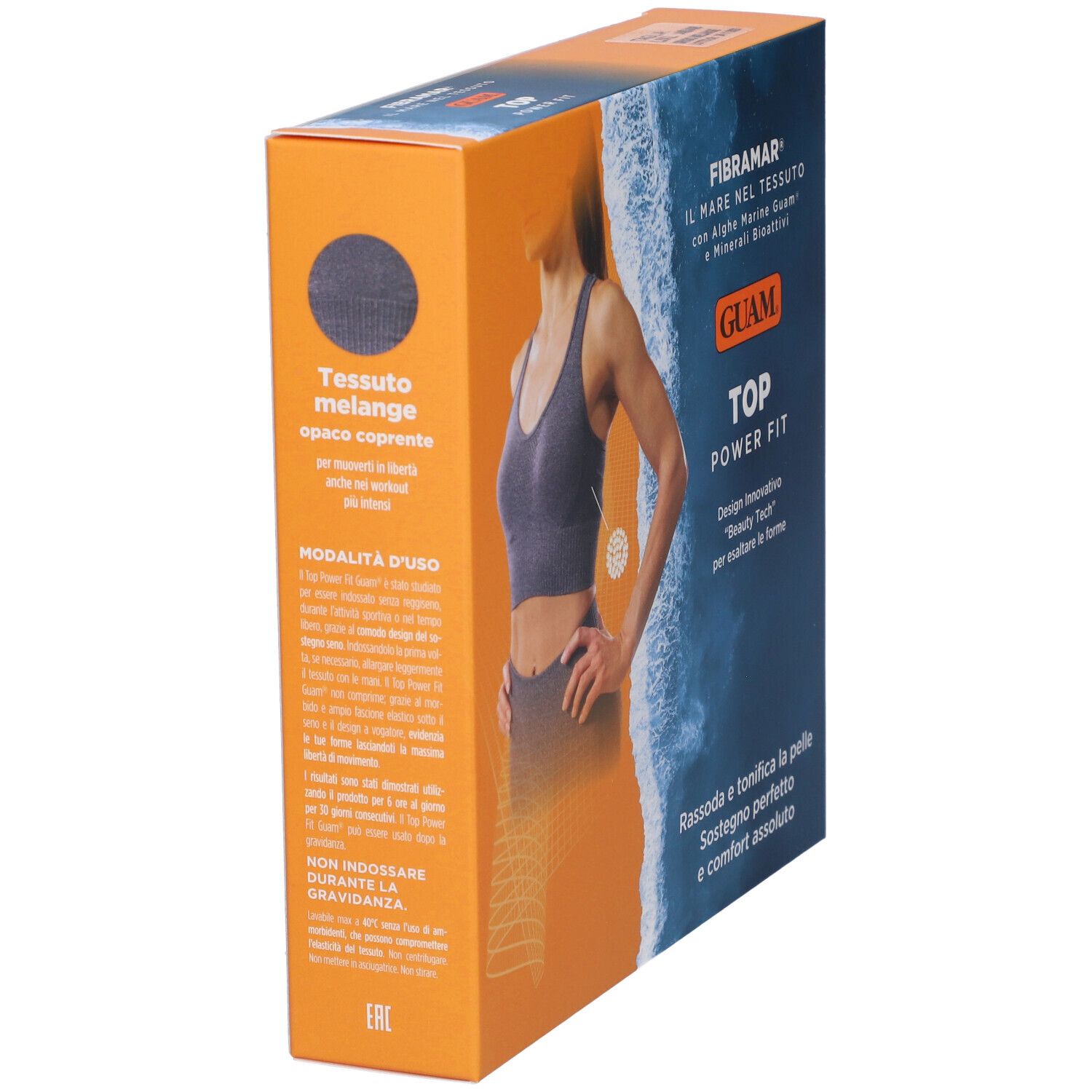 Confezione del prodotto, vista laterale. Testo: Guam Top Power Fit. Scritte: alghe, minerali. Tonalità arancioni e blu.