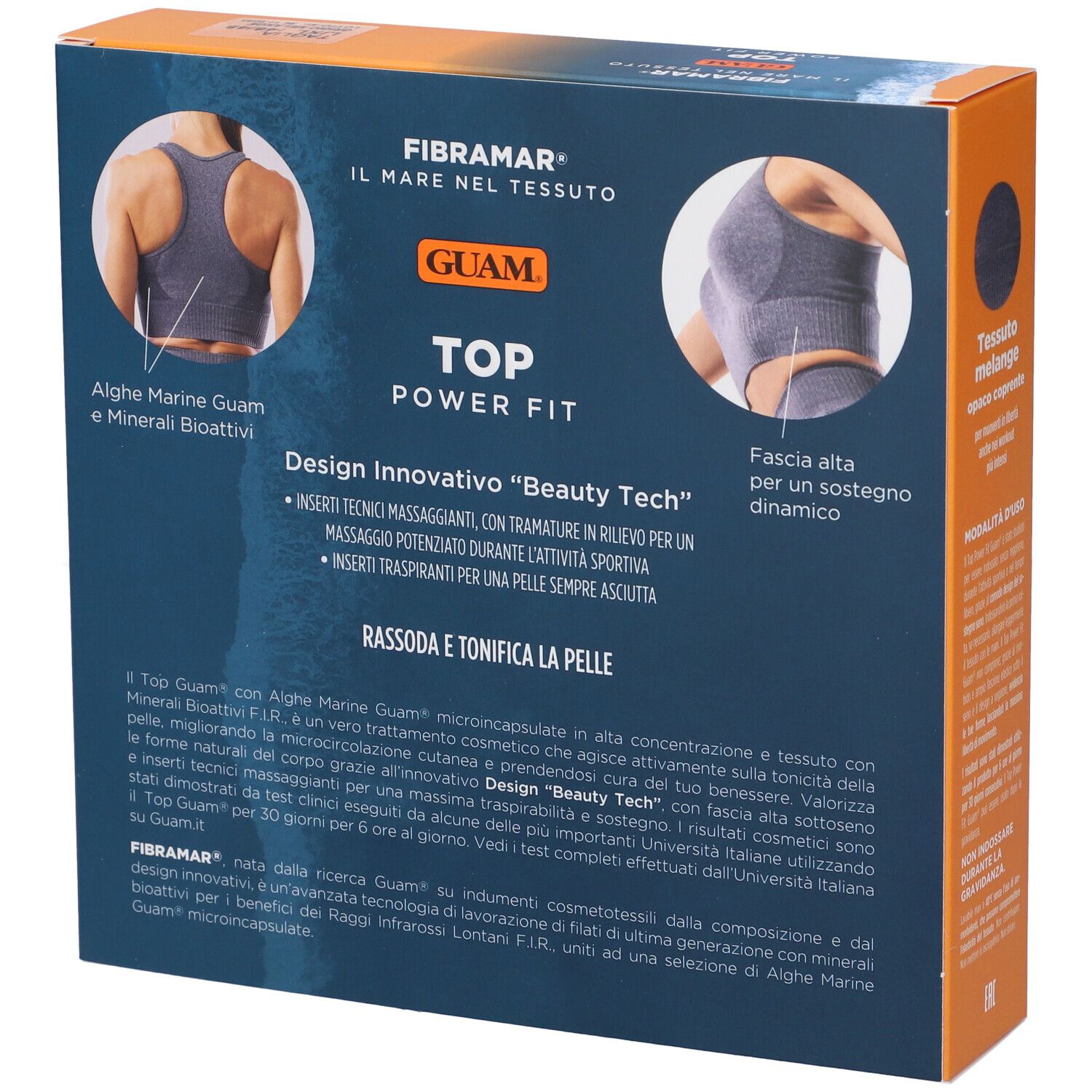 Confezione del prodotto, retro. Testo: Guam Top Power Fit. Scritte: alghe, minerali. Dettagli. Scritta blu e bianca.