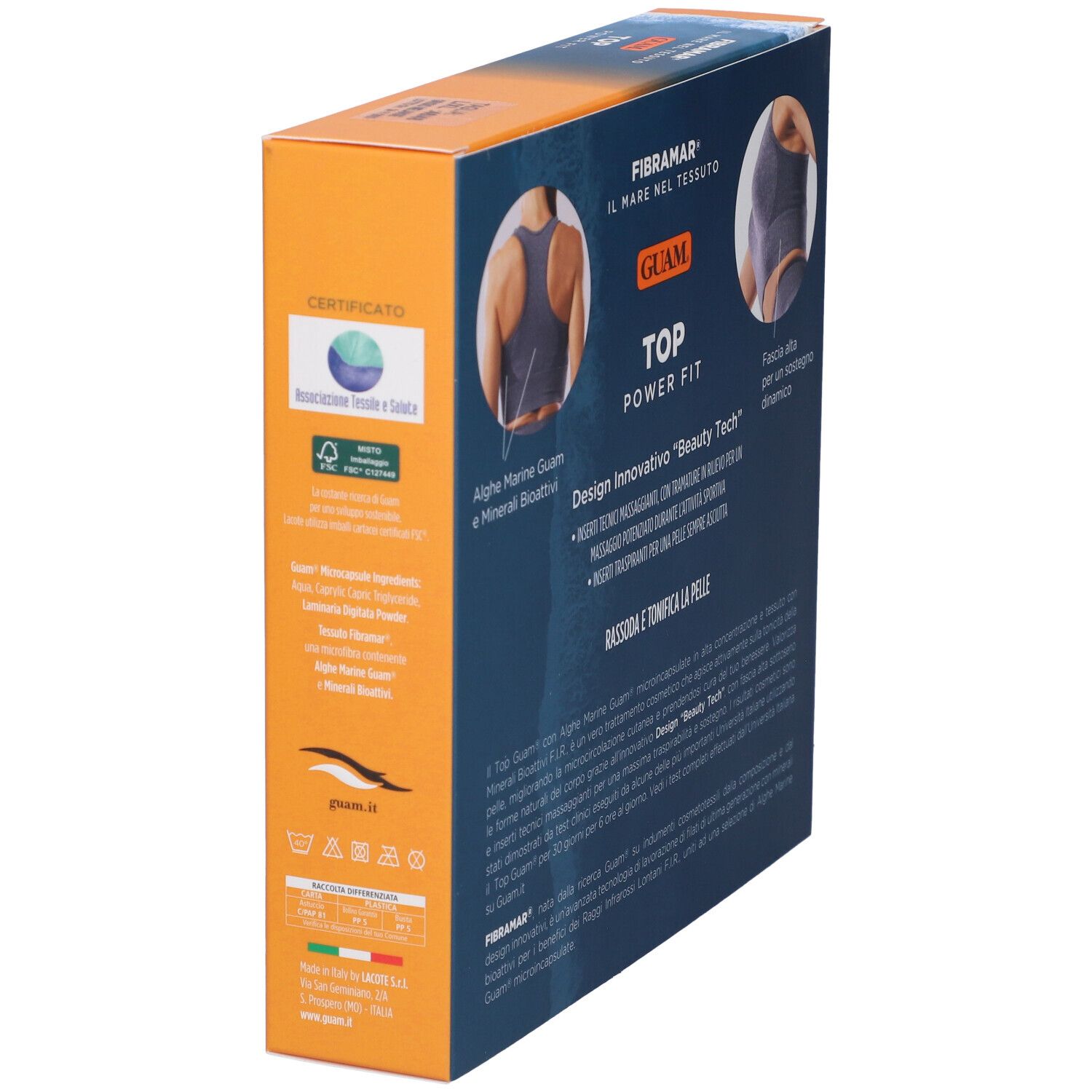 Confezione del prodotto, vista laterale. Testo: Guam Top Power Fit. Scritte: alghe, minerali. Certificazioni. Scritta blu e bianca.
