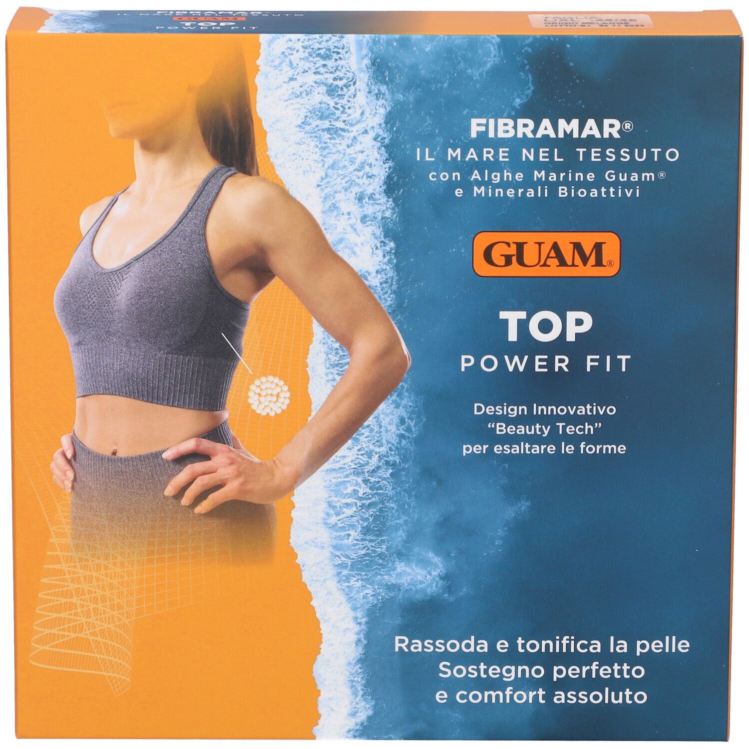Confezione con immagine del prodotto. Testo: Guam Top Power Fit. Scritte: alghe, minerali. Tonalità arancioni e blu.