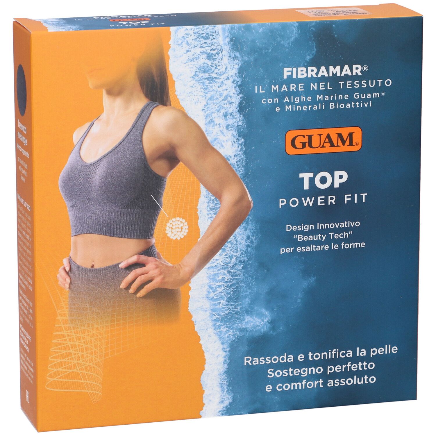 Confezione con immagine del prodotto. Testo: Guam Top Power Fit. Scritte: alghe, minerali. Tonalità arancioni e blu.
