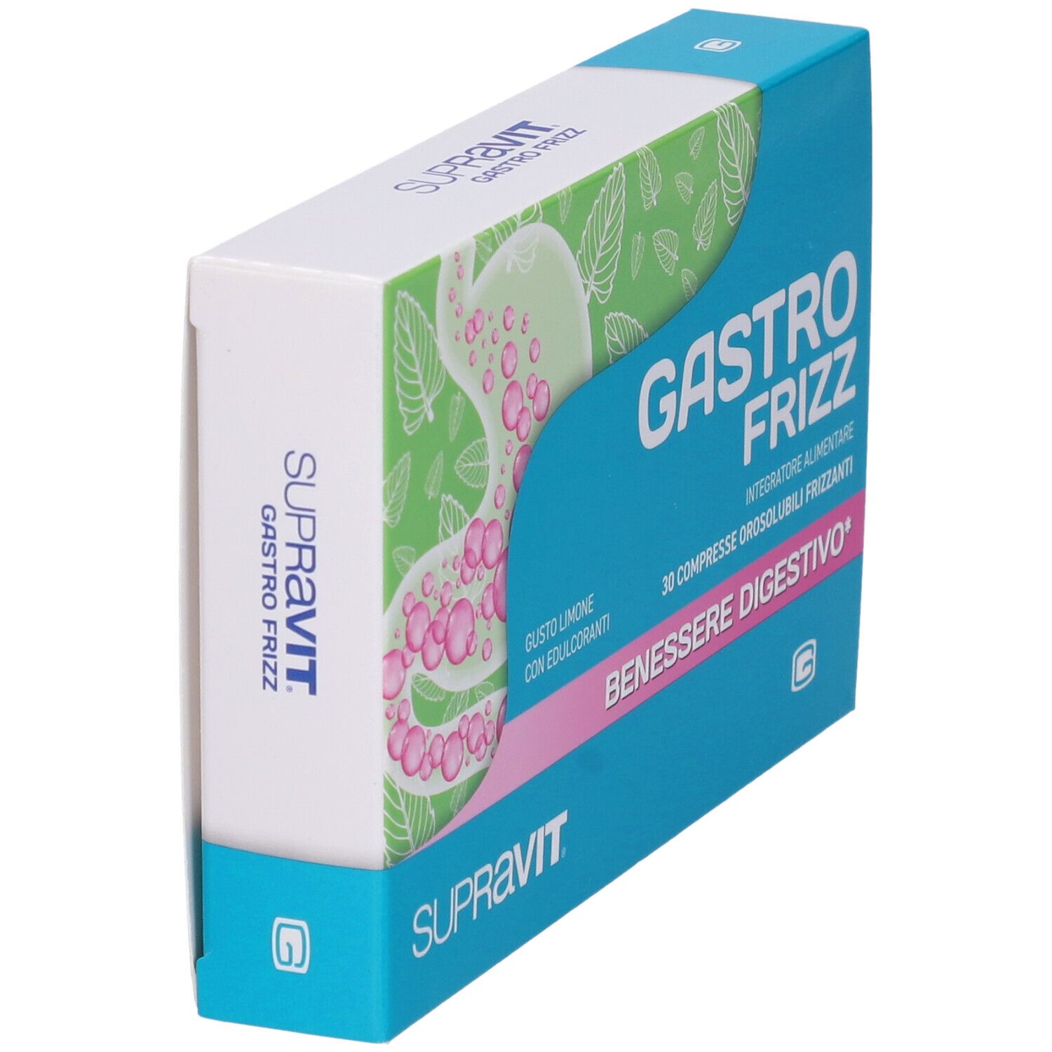Scatola Gastro Frizz, blu e bianca. Marchio Supravit. Contiene 30 compresse. Vista laterale.