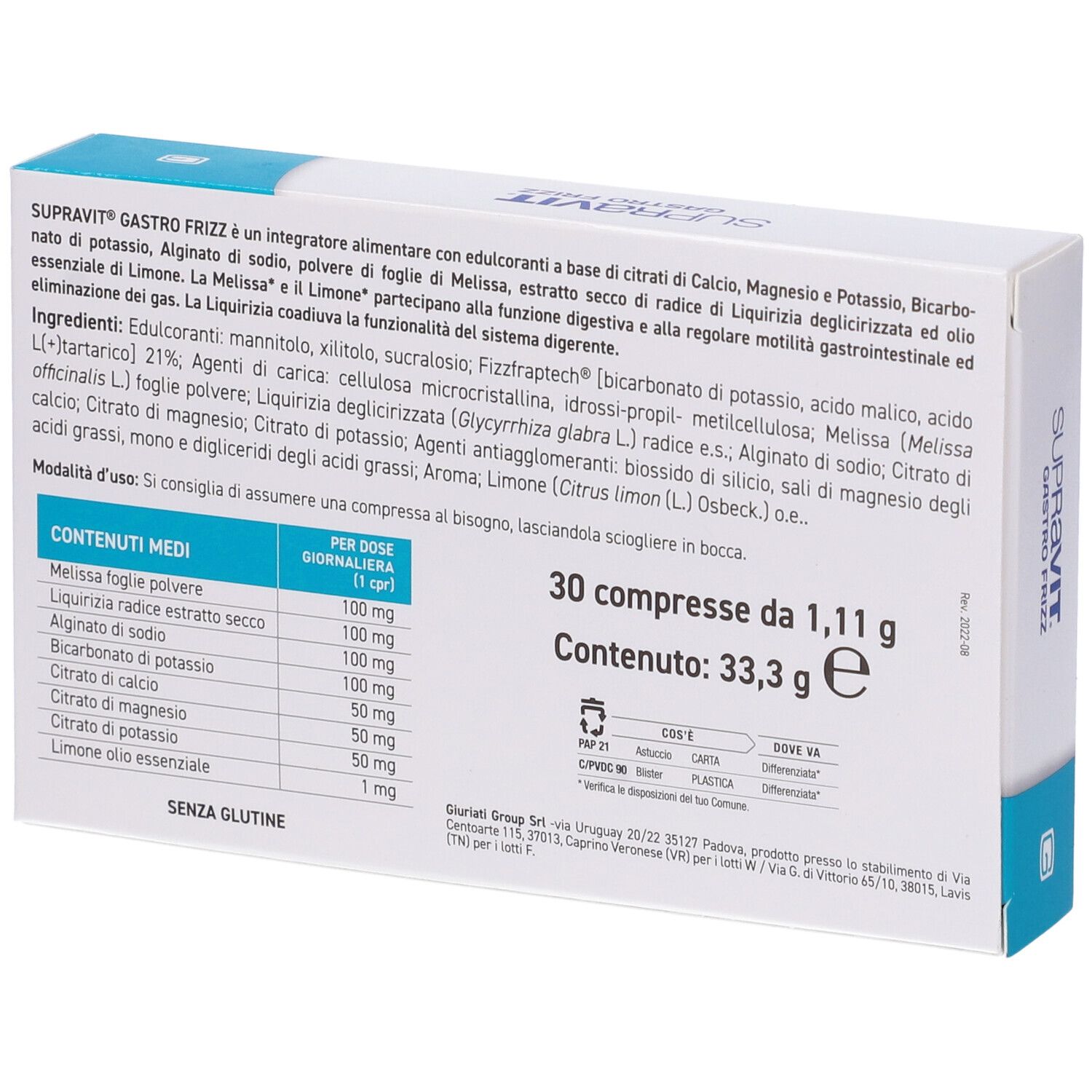 Retro della confezione Gastro Frizz. Contiene informazioni su ingredienti e dosaggio.