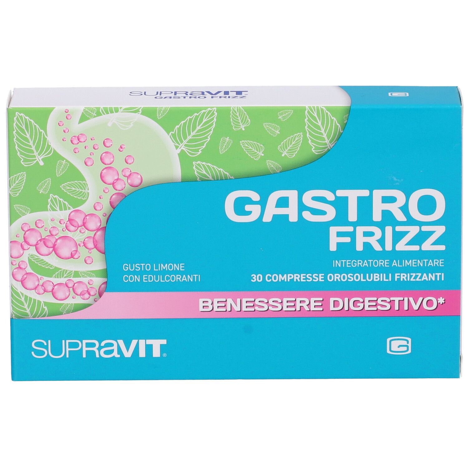 Scatola blu e bianca con Gastro Frizz. Contiene 30 compresse. Marchio Supravit.