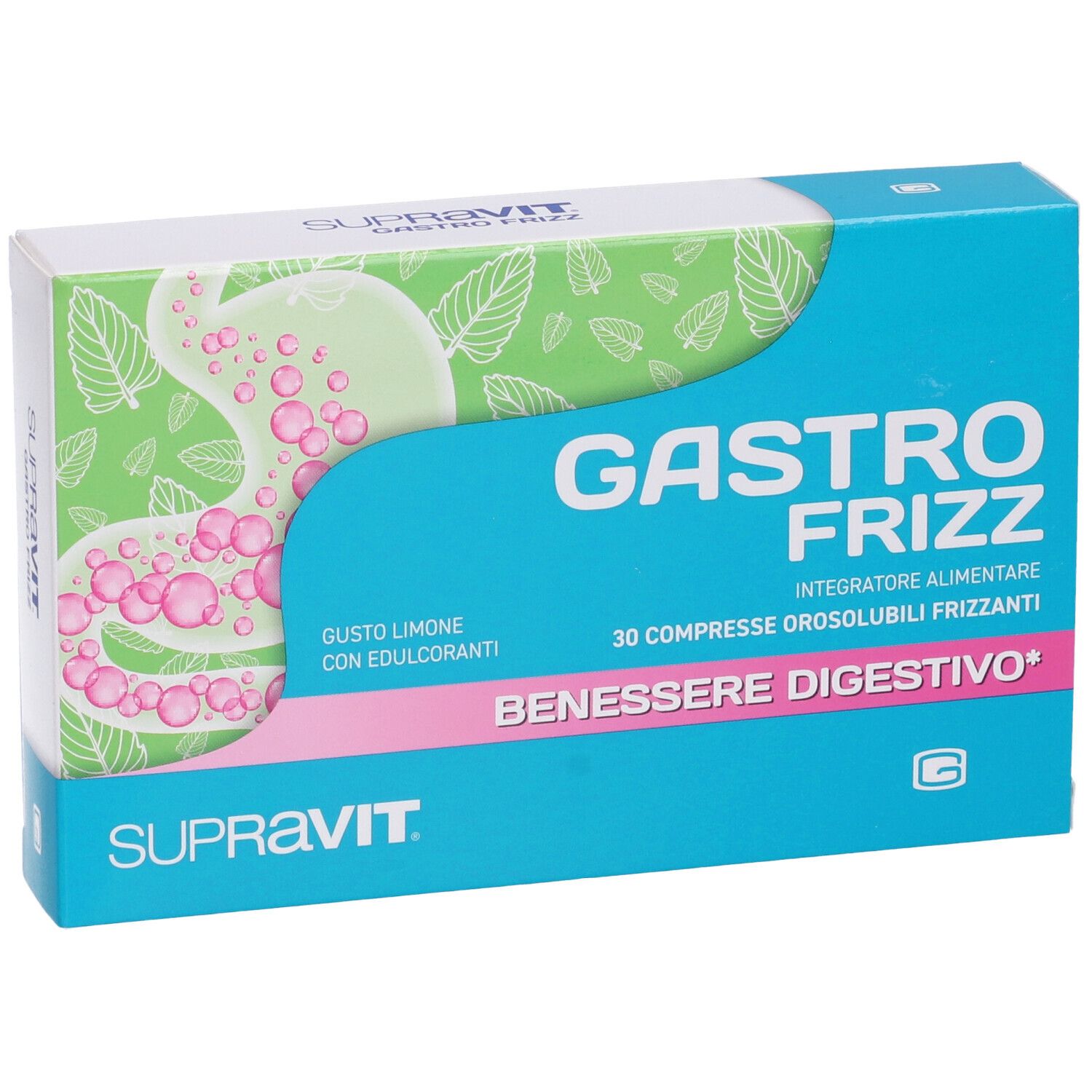 Scatola blu e bianca con Gastro Frizz. Contiene 30 compresse. Marchio Supravit.