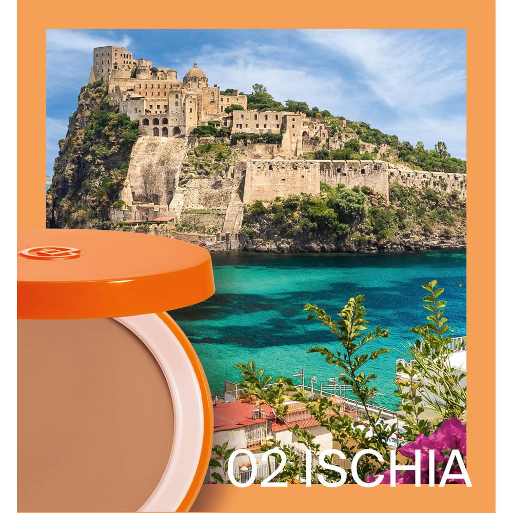 Astuccio compatto aperto con paesaggio. Testo: 02 Ischia.