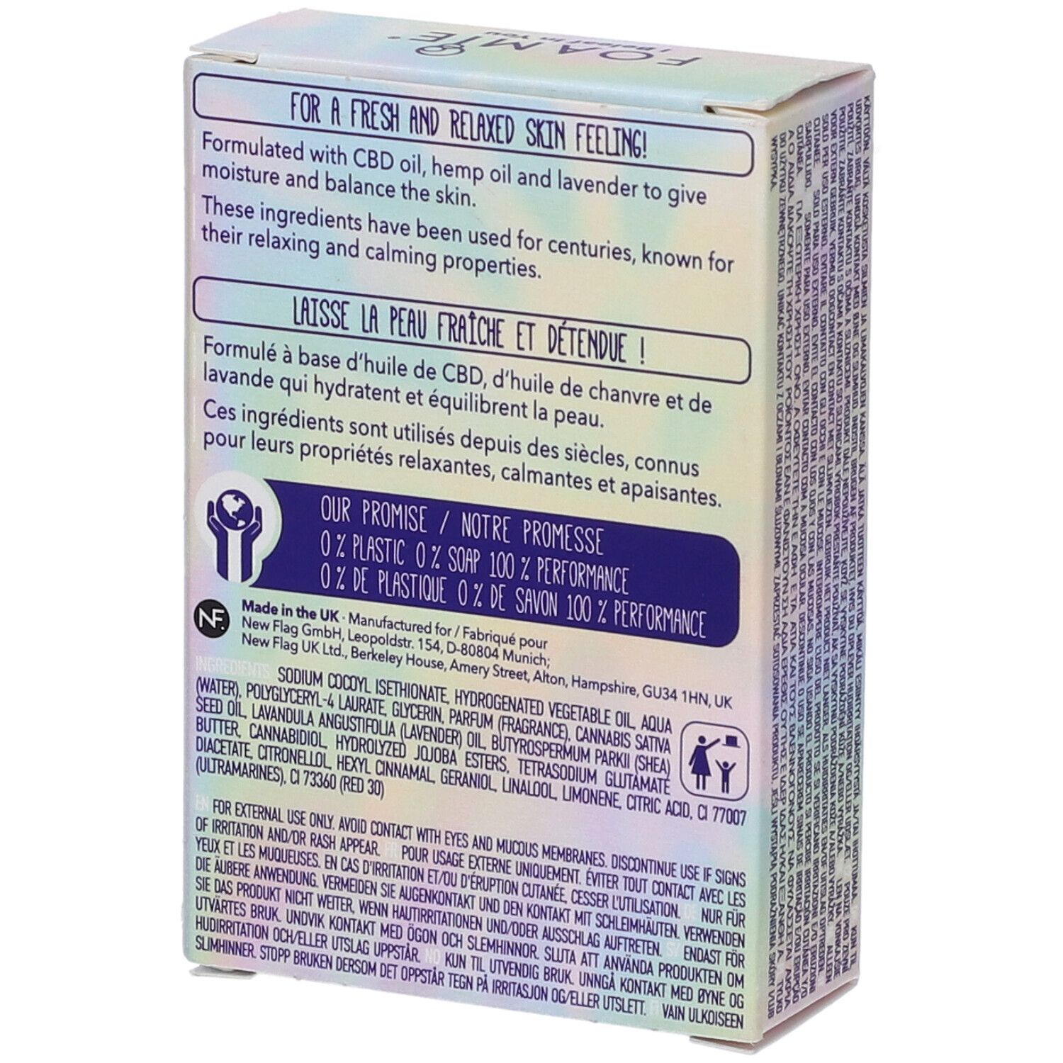 Retro della confezione Foamie I Beleaf In You Detergente Viso Bar. Testo: ingredienti, 0% plastica, prodotto nel Regno Unito.