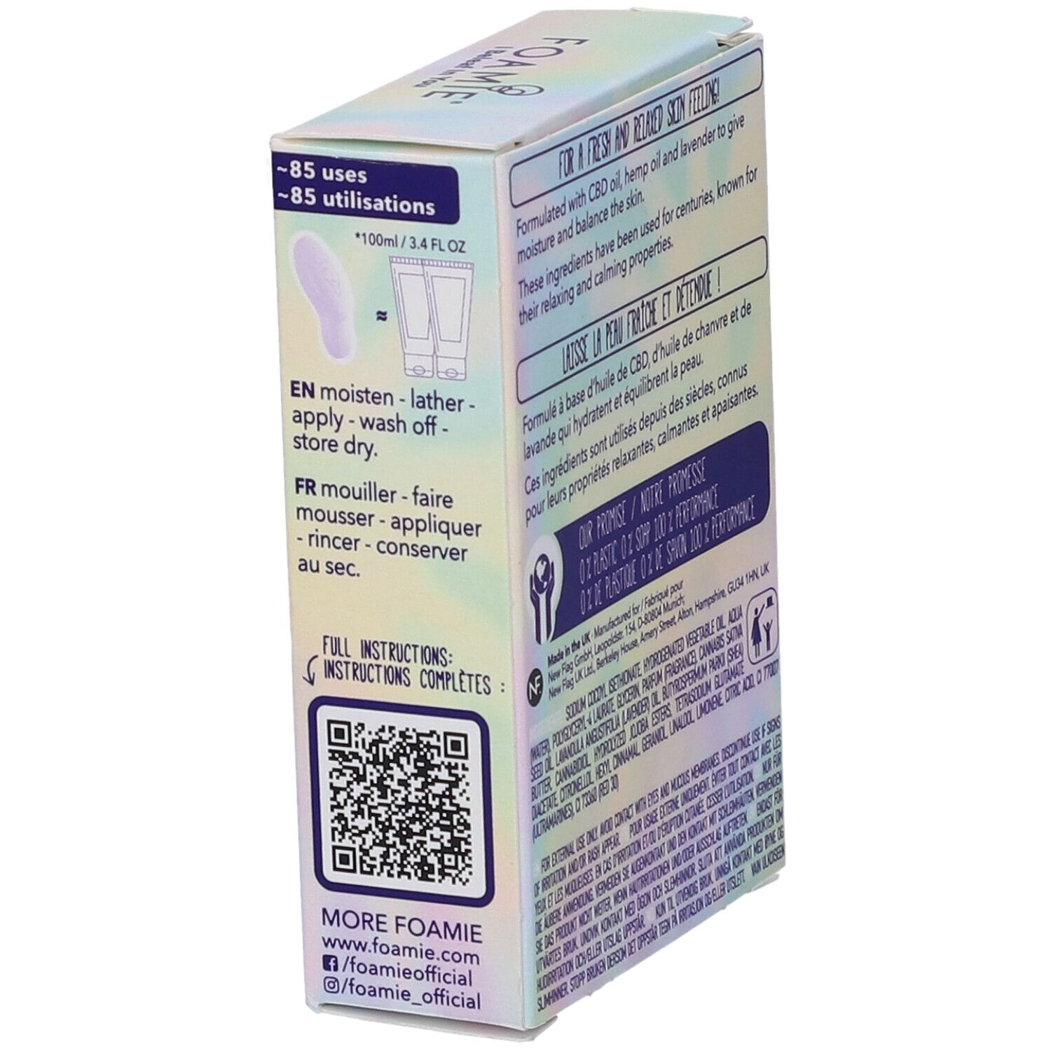 Lato della confezione Foamie I Beleaf In You Detergente Viso Bar. Testo: istruzioni per l'uso, codice QR, 85 utilizzi, 100ml/3.4 FL OZ.
