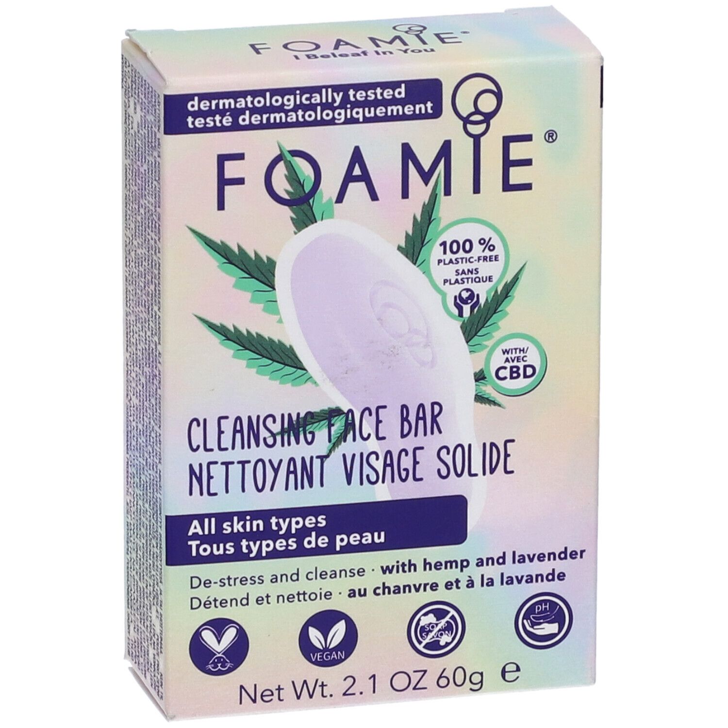 Vista frontale della confezione Foamie I Beleaf In You Detergente Viso Bar. Testo: Cleansing Face Bar, tutti i tipi di pelle, 2.1 OZ 60g.
