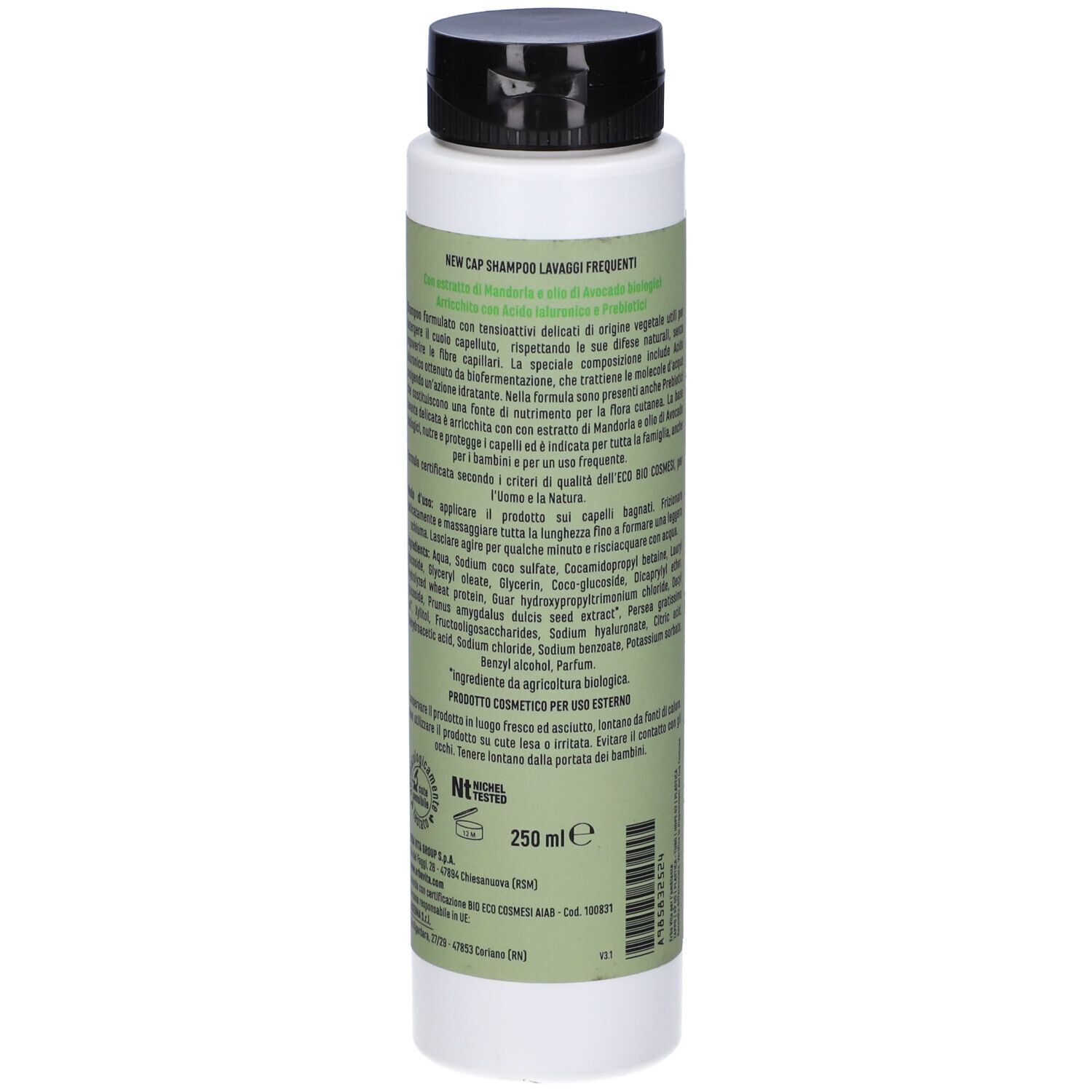 Retro del flacone di shampoo verde. Testo: ingredienti, istruzioni per l'uso. Marchio: Erba Vita. Con certificazione.