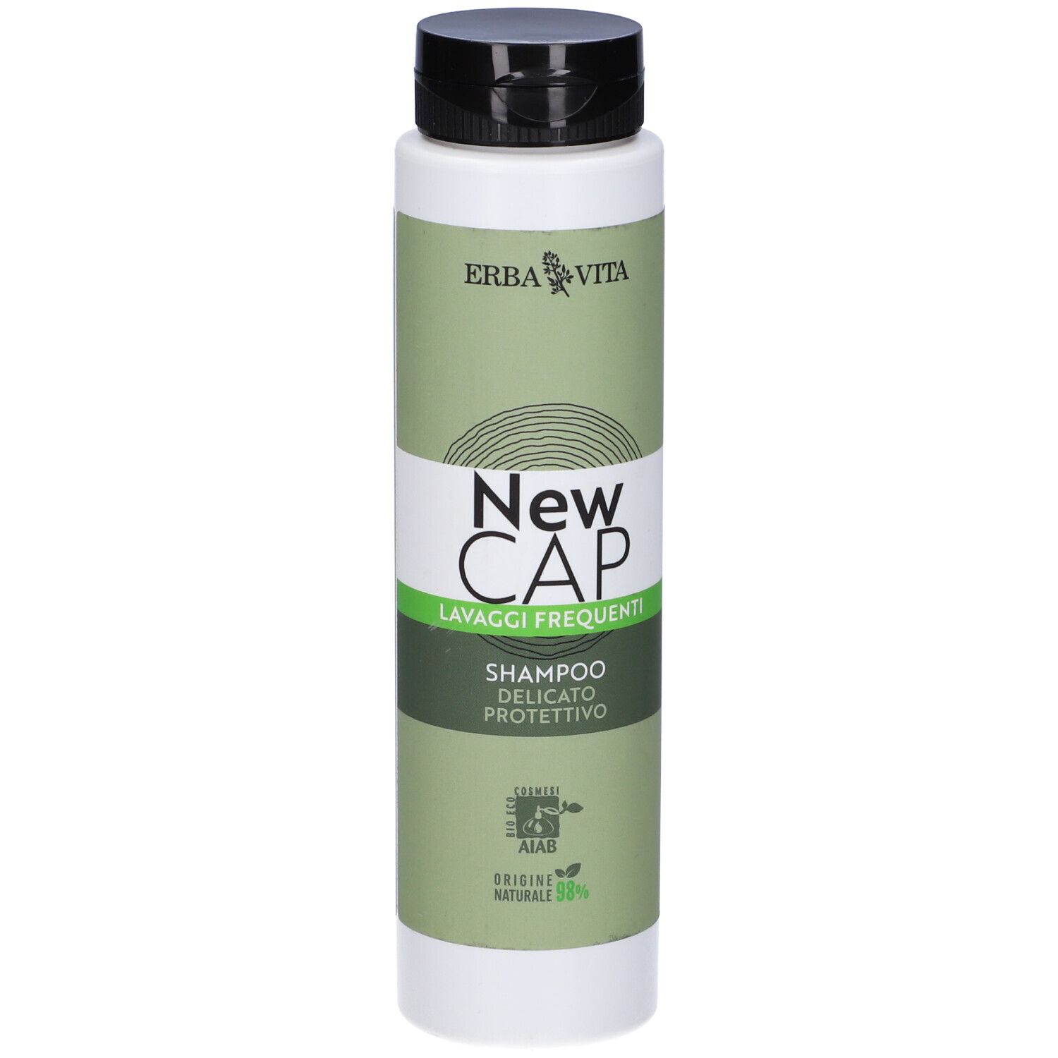 Flacone di shampoo verde con tappo nero. Scritta: New Cap, Shampoo, Lavaggi Frequenti. Marchio: Erba Vita.