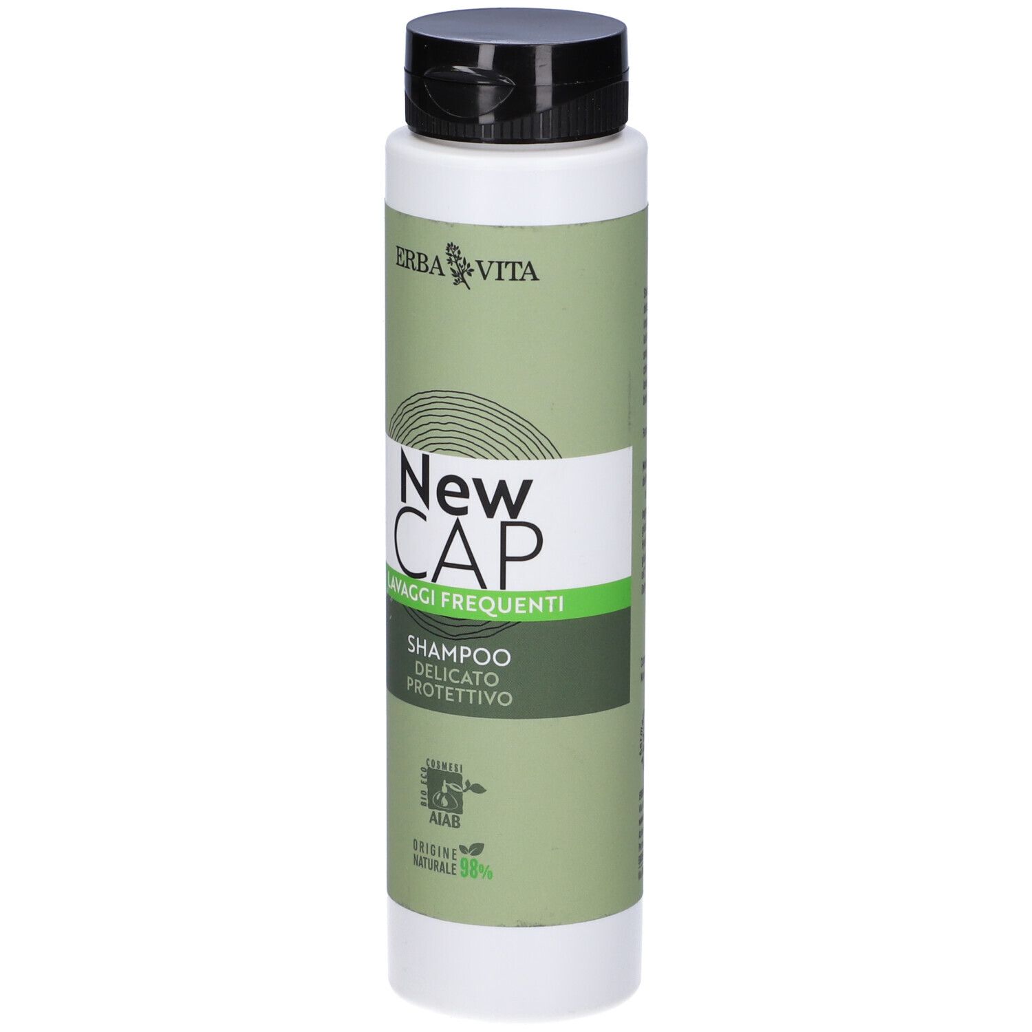 Flacone di shampoo verde con tappo nero. Scritta: New Cap, Shampoo, Lavaggi Frequenti. Marchio: Erba Vita.
