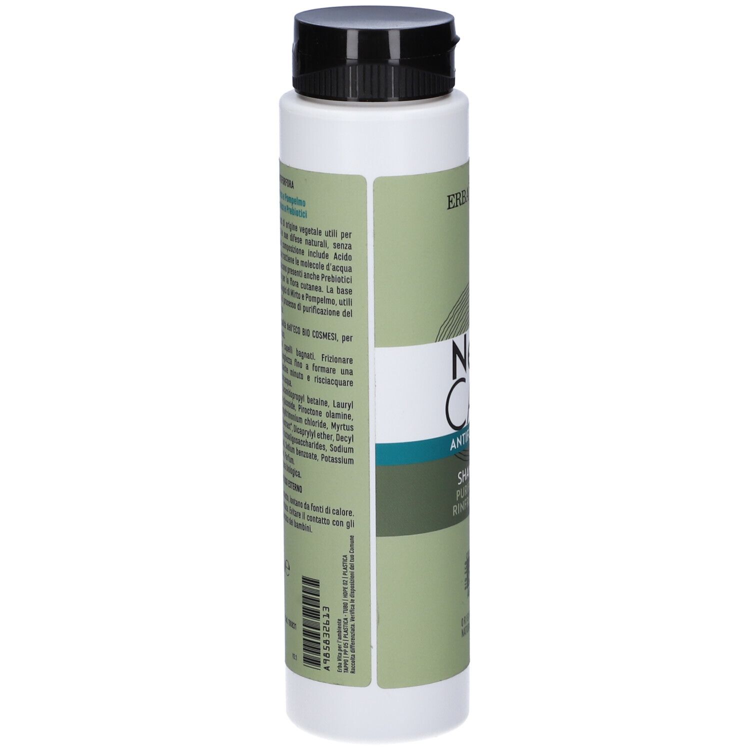 Retro del flacone. Testo in italiano. Elenco ingredienti e informazioni sul prodotto.