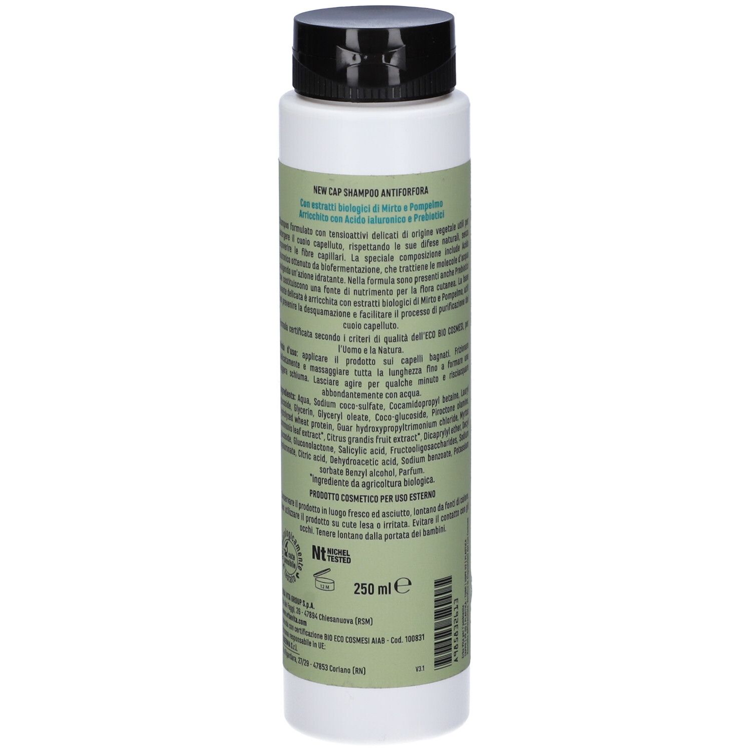 Retro del flacone. Testo in italiano. Informazioni sul prodotto e ingredienti.