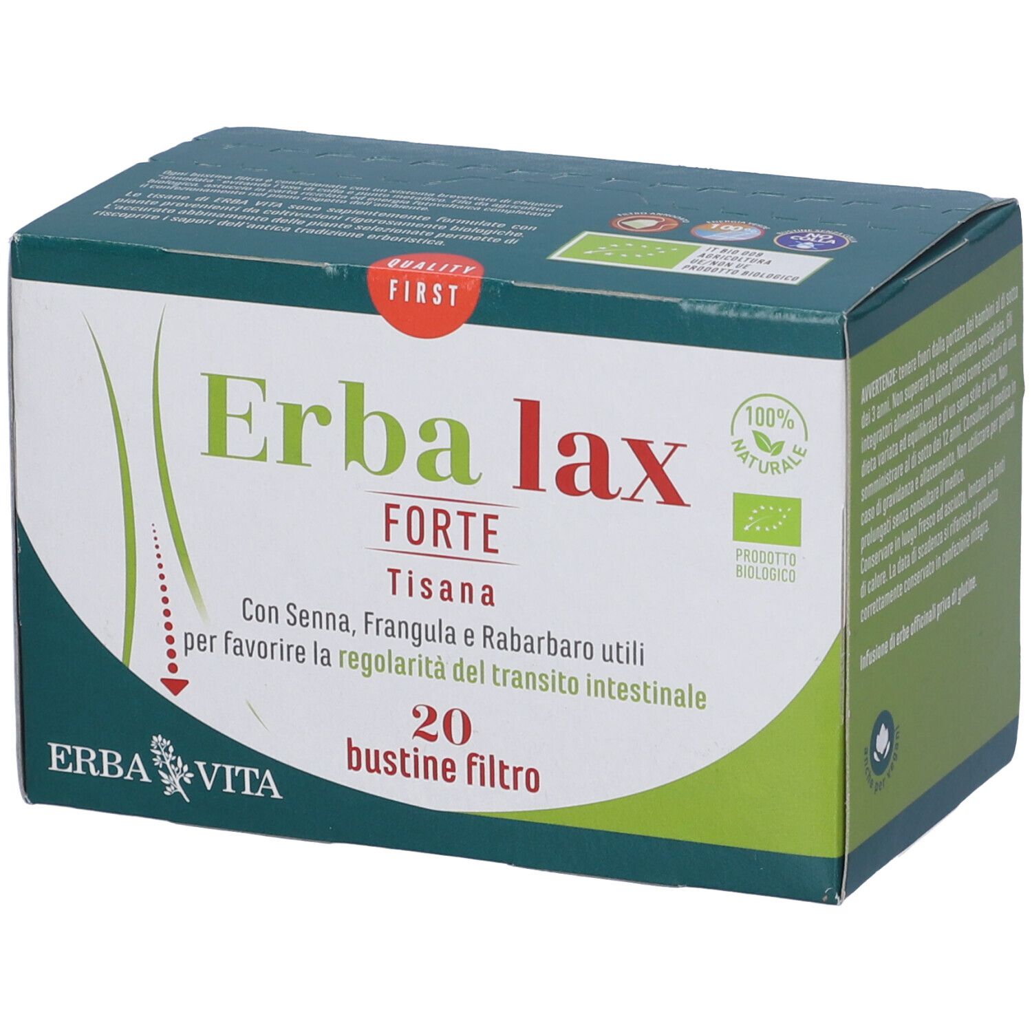 Scatola Erba Lax Forte, 20 bustine filtro. Verde, bianco e rosso. Con marchio bio e nome prodotto.