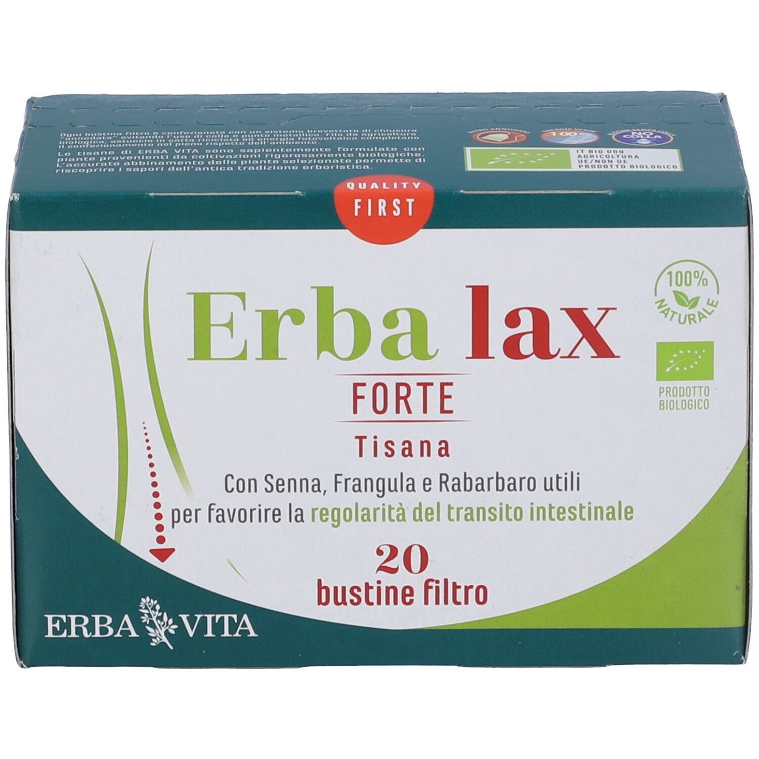 Scatola Erba Lax Forte, 20 bustine filtro. Verde, bianco e rosso. Con marchio bio e nome prodotto.