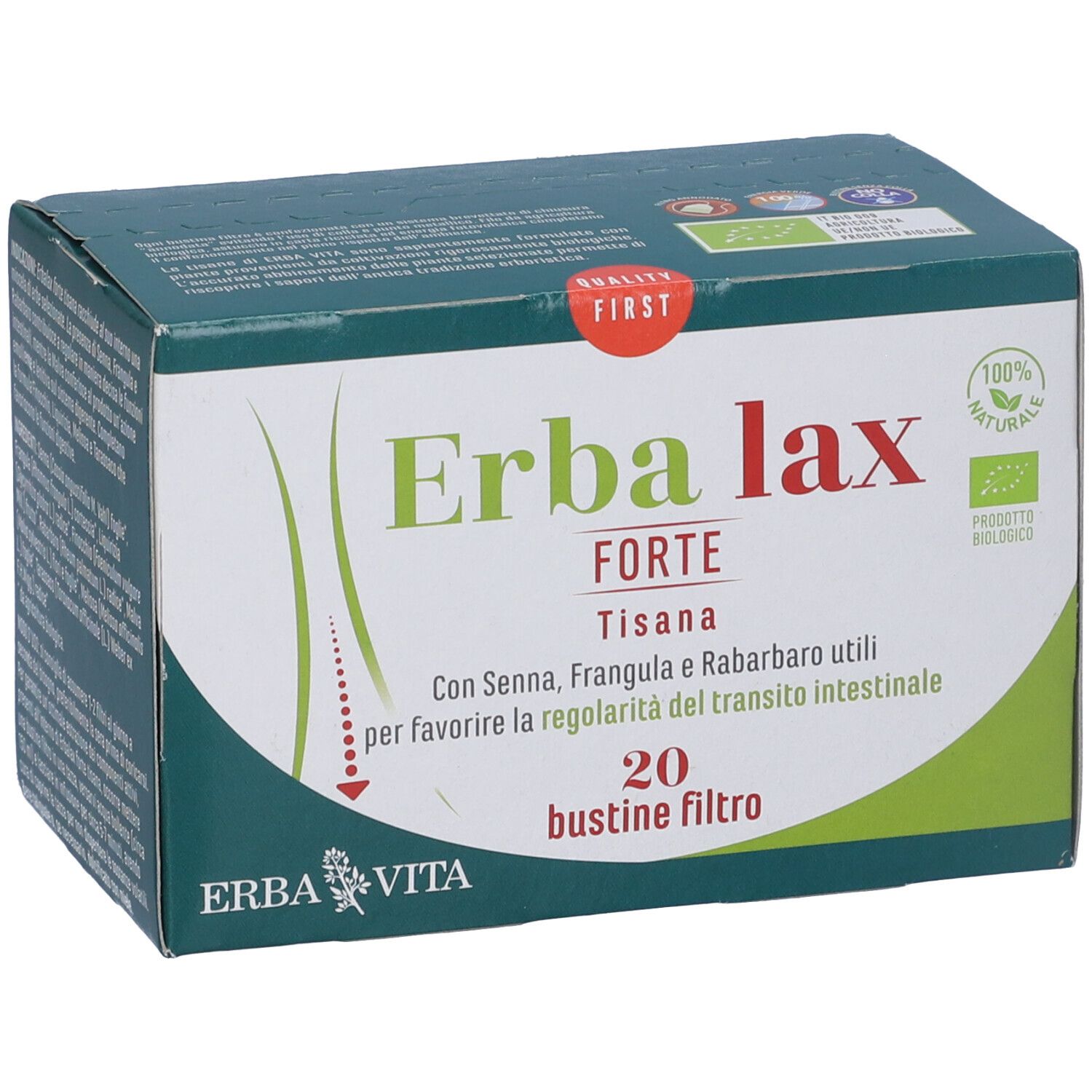 Scatola Erba Lax Forte, 20 bustine filtro. Verde, bianco e rosso. Con marchio bio e nome prodotto.