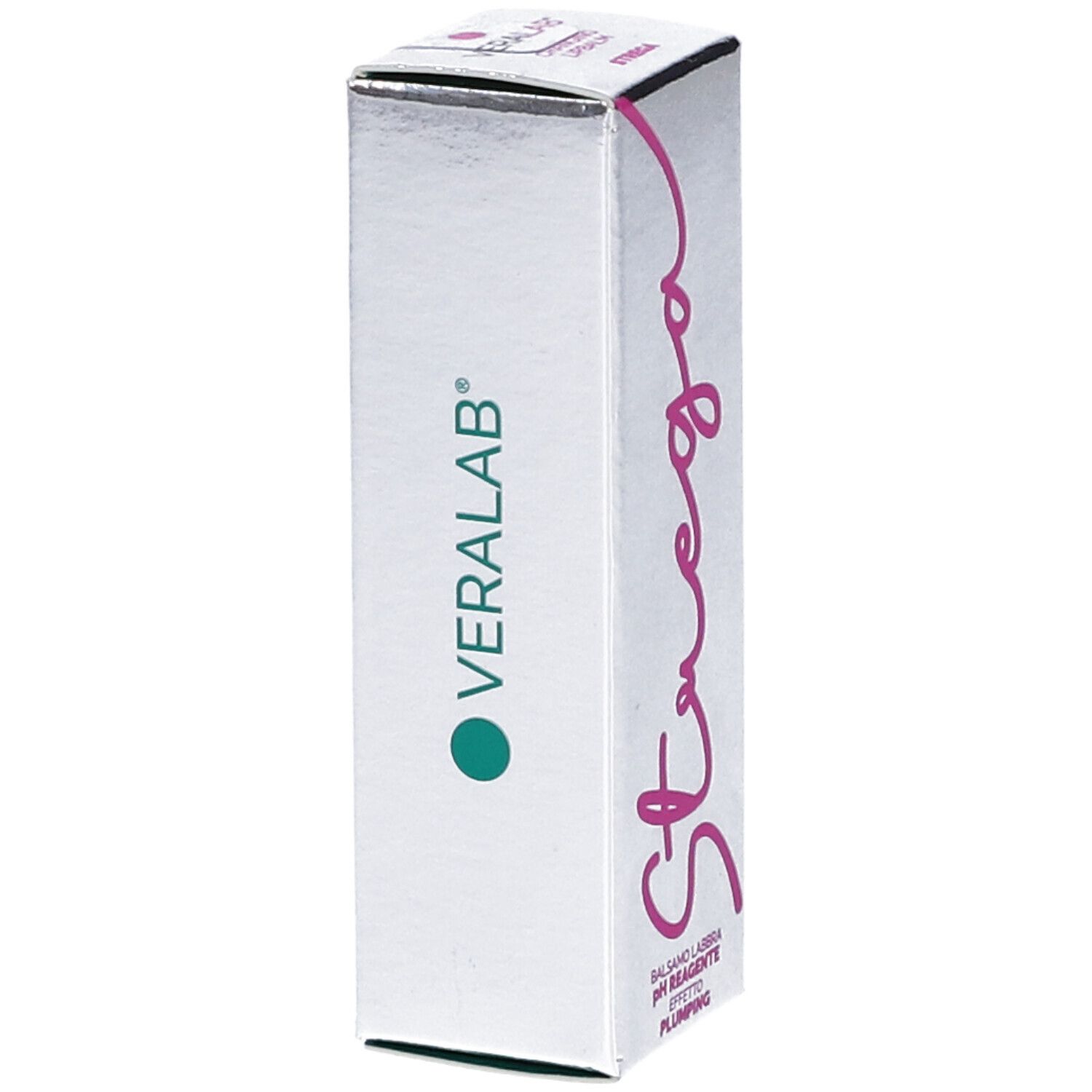 Scatola argentata con "VERALAB" e punto verde. Scritta rosa "Strega".