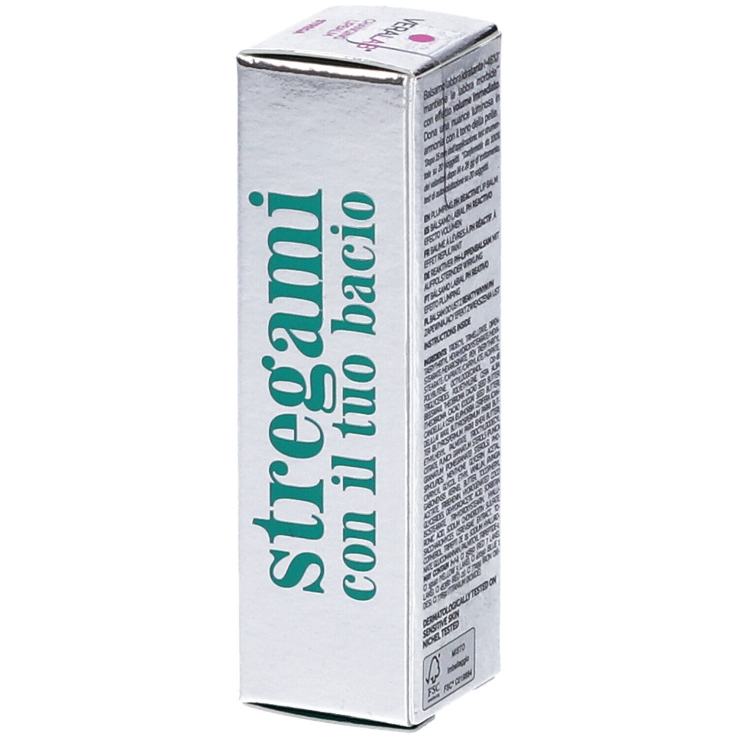 Scatola argentata con scritta verde "stregami con il tuo bacio". Testo in verde.