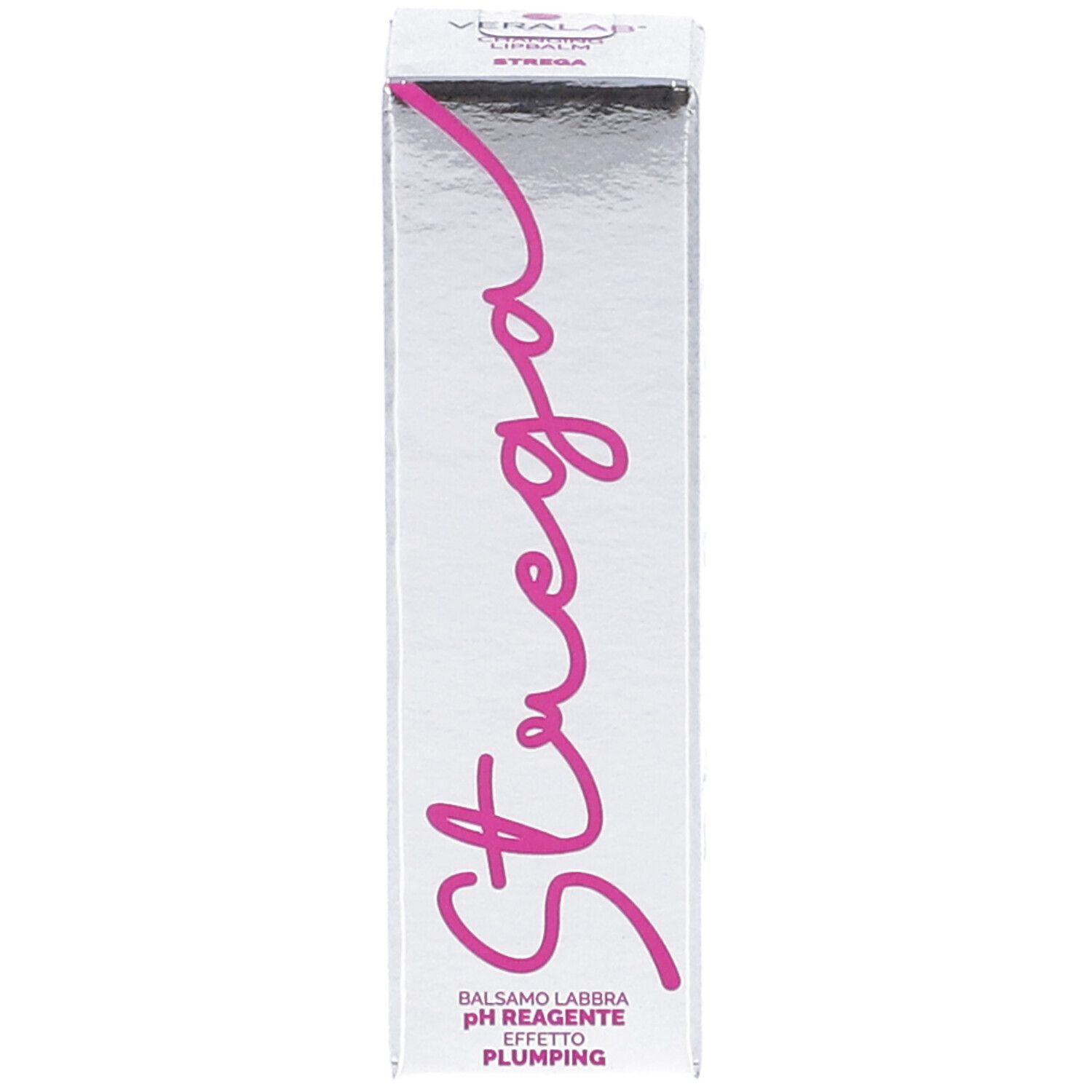 Scatola argentata con scritta rosa "Strega". Testo: Balsamo labbra pH reagente, effetto plumping.