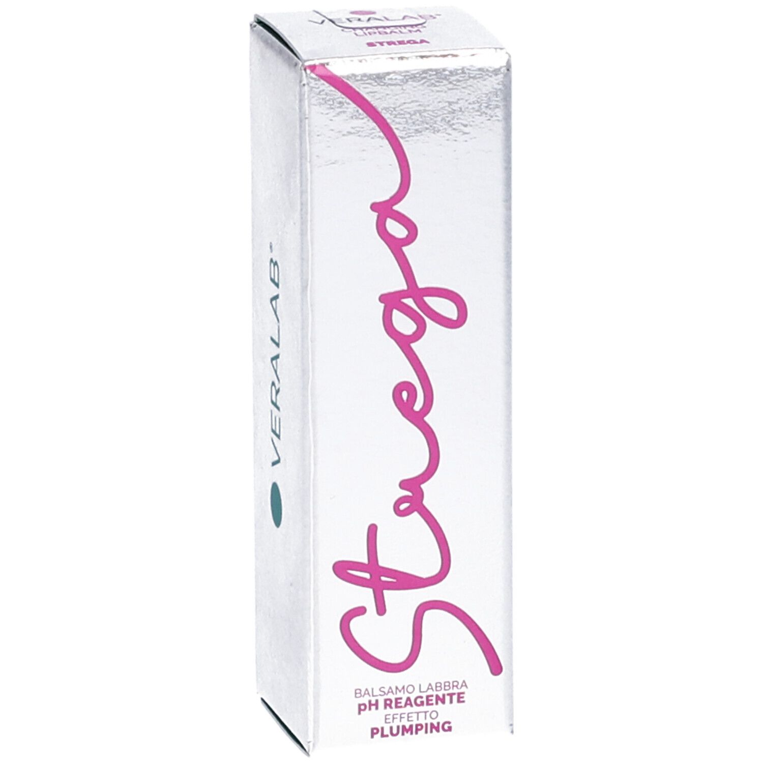 Scatola argentata con scritta rosa "Strega". Testo: Balsamo labbra pH reagente, effetto plumping.