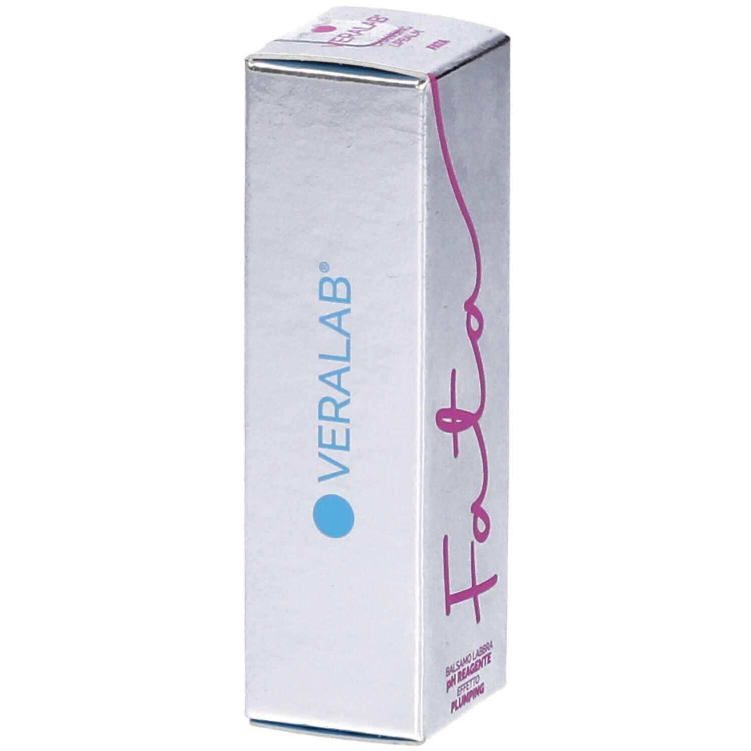 Confezione argento con logo Veralab e scritta Fata. Scritta: Balsamo Labbra, pH Reagente, Effetto Plumping. Cerchio blu.