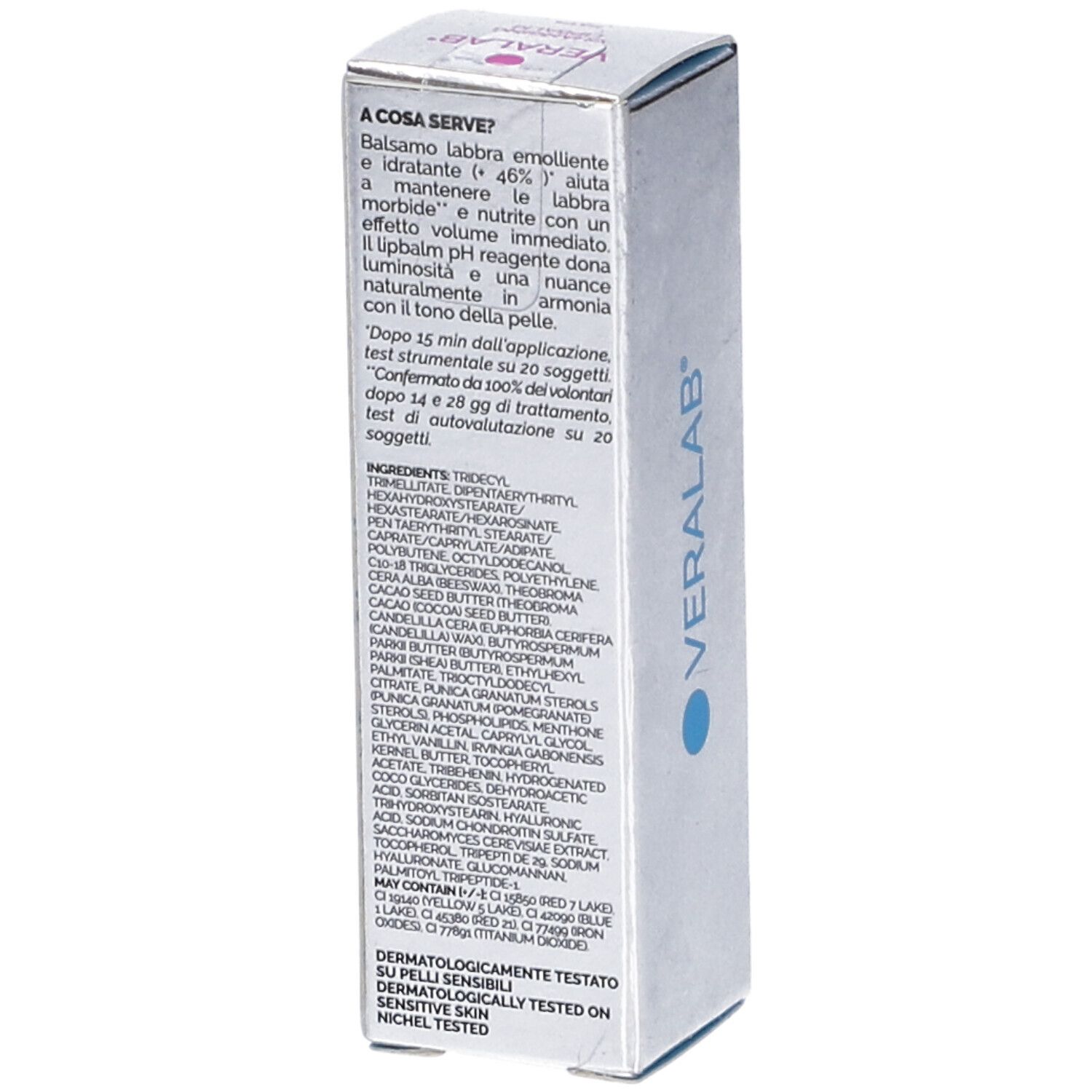 Confezione argento con testo. Scritta: Veralab, ingredienti, dermatologicamente testato, pelle sensibile, testato al nichel.