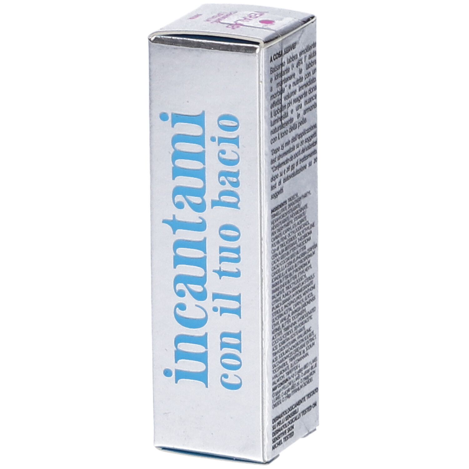 Confezione argento con testo. Scritta: Incantami con il tuo bacio. Testo in italiano.