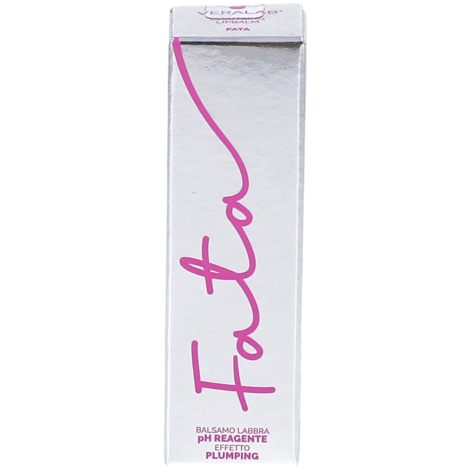 Confezione argento con scritta rosa. Scritta: Fata, Balsamo Labbra, pH Reagente, Effetto Plumping.