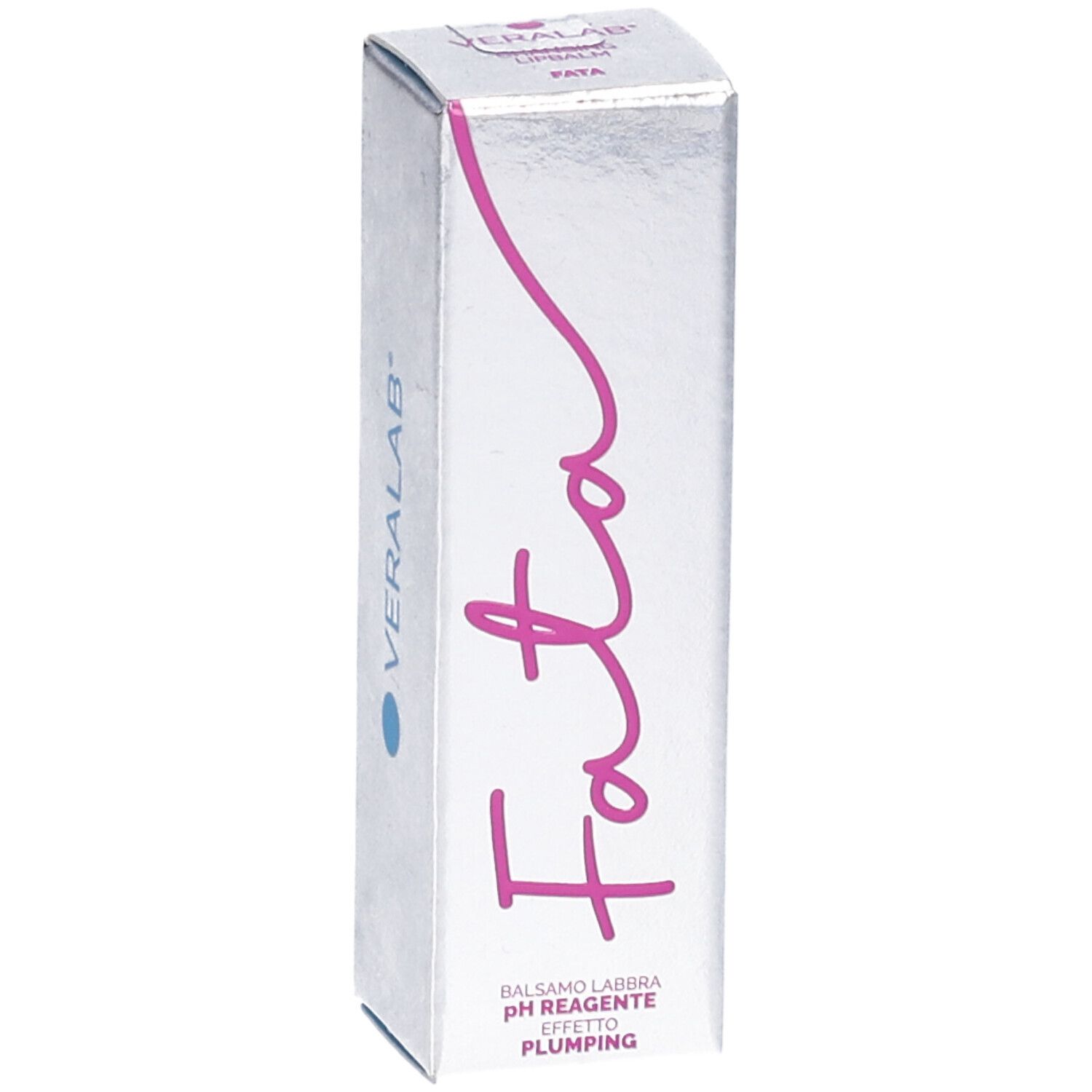 Confezione argento con scritta rosa. Scritta: Veralab, Fata, Balsamo Labbra, pH Reagente, Effetto Plumping. Cerchio blu.